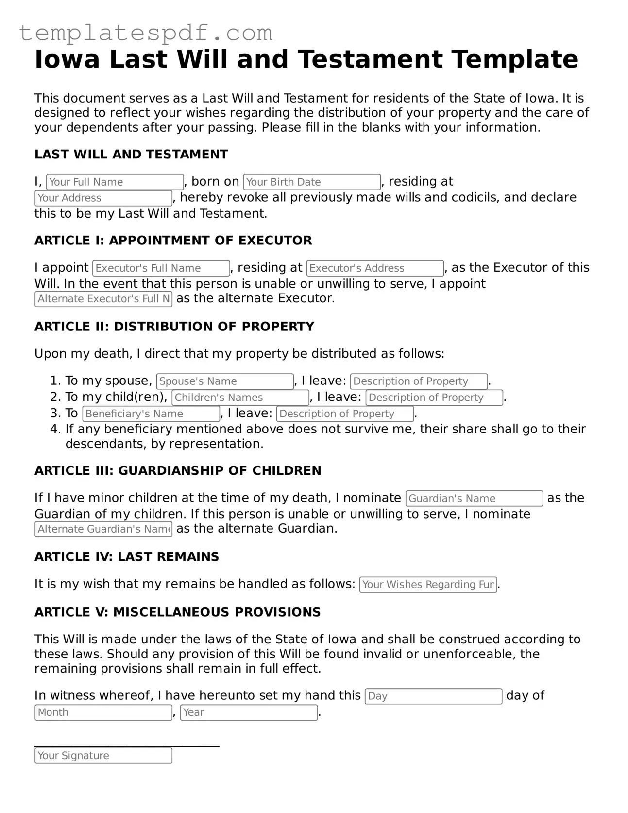 Official  Last Will and Testament Form for Iowa