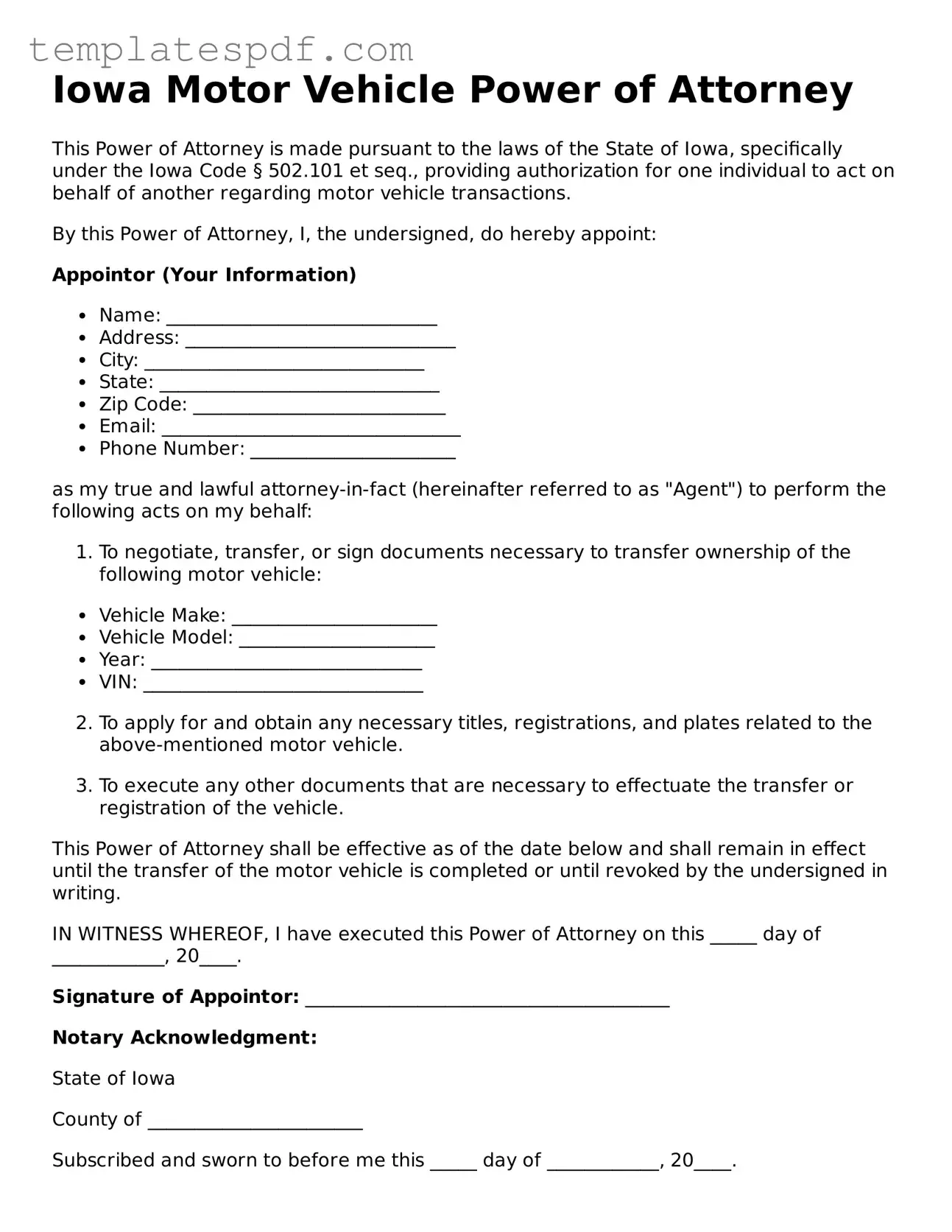 Official  Motor Vehicle Power of Attorney Form for Iowa