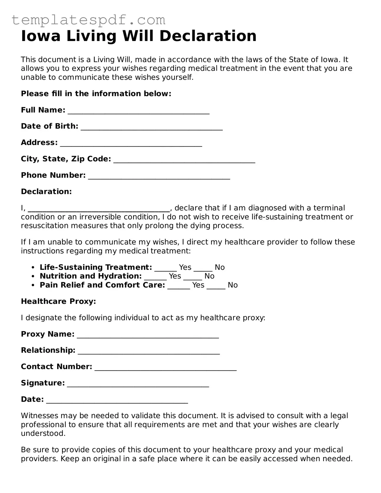 Official  Living Will Form for Iowa