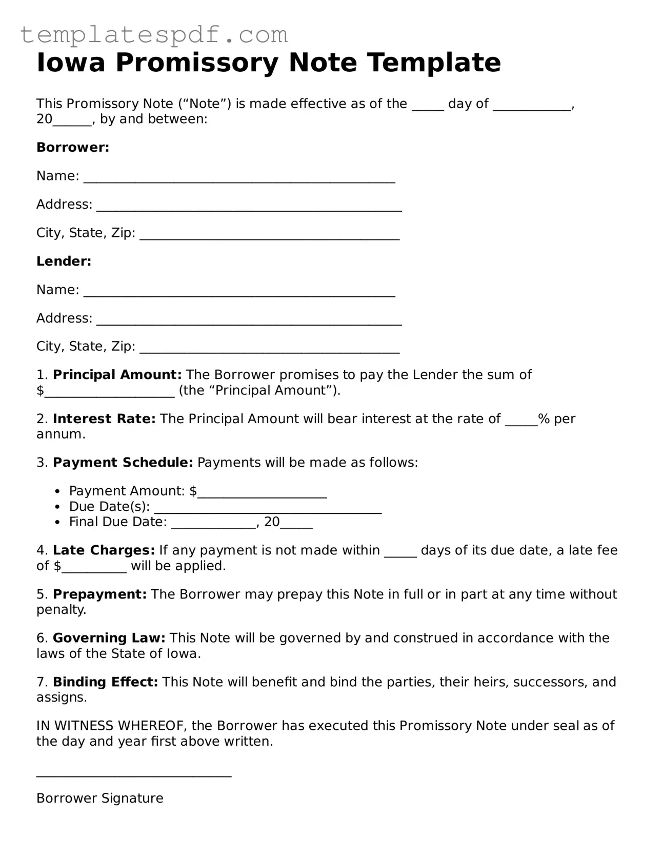 Official  Promissory Note Form for Iowa