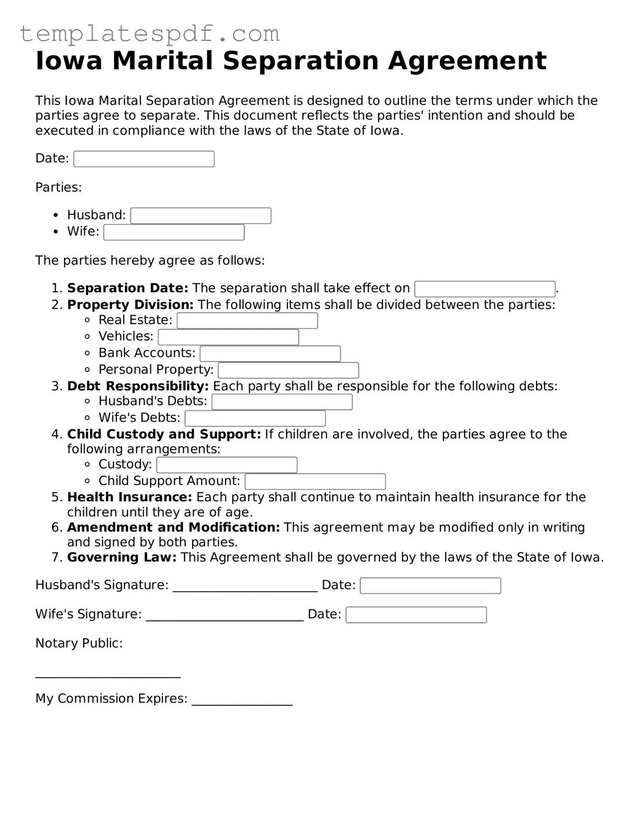 Official  Marital Separation Agreement Form for Iowa