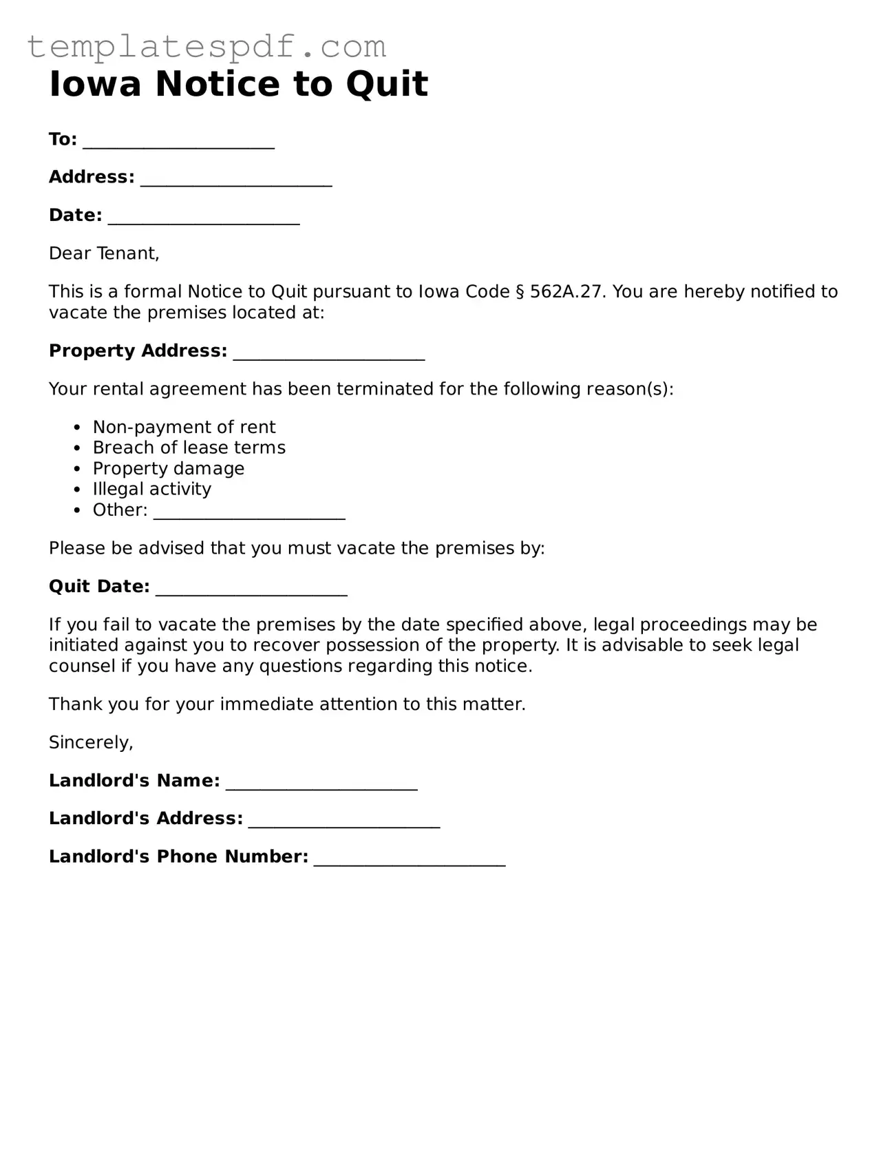 Official  Notice to Quit Form for Iowa