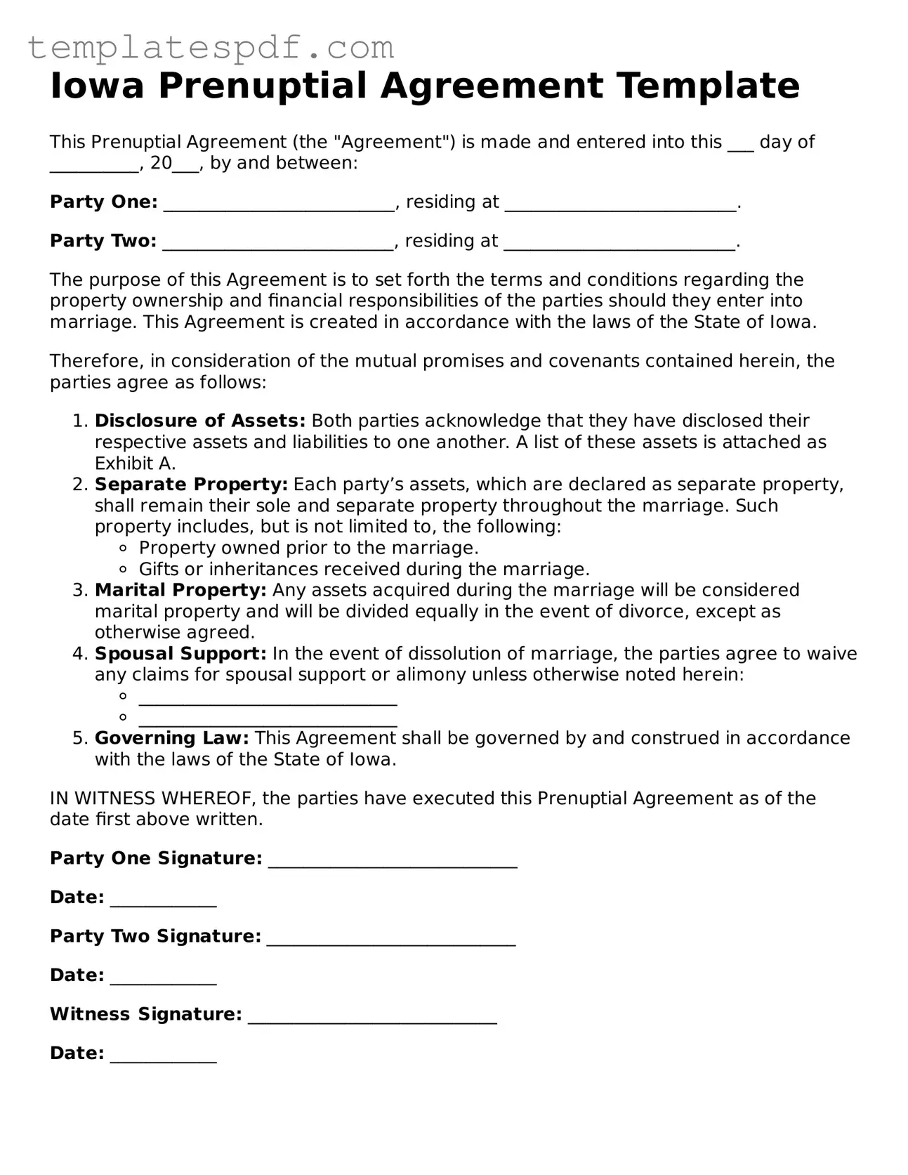 Official  Prenuptial Agreement Form for Iowa