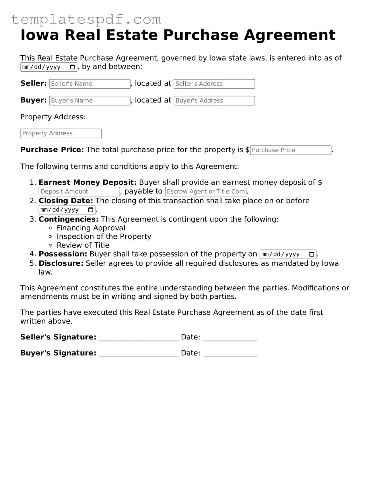 Official  Real Estate Purchase Agreement Form for Iowa