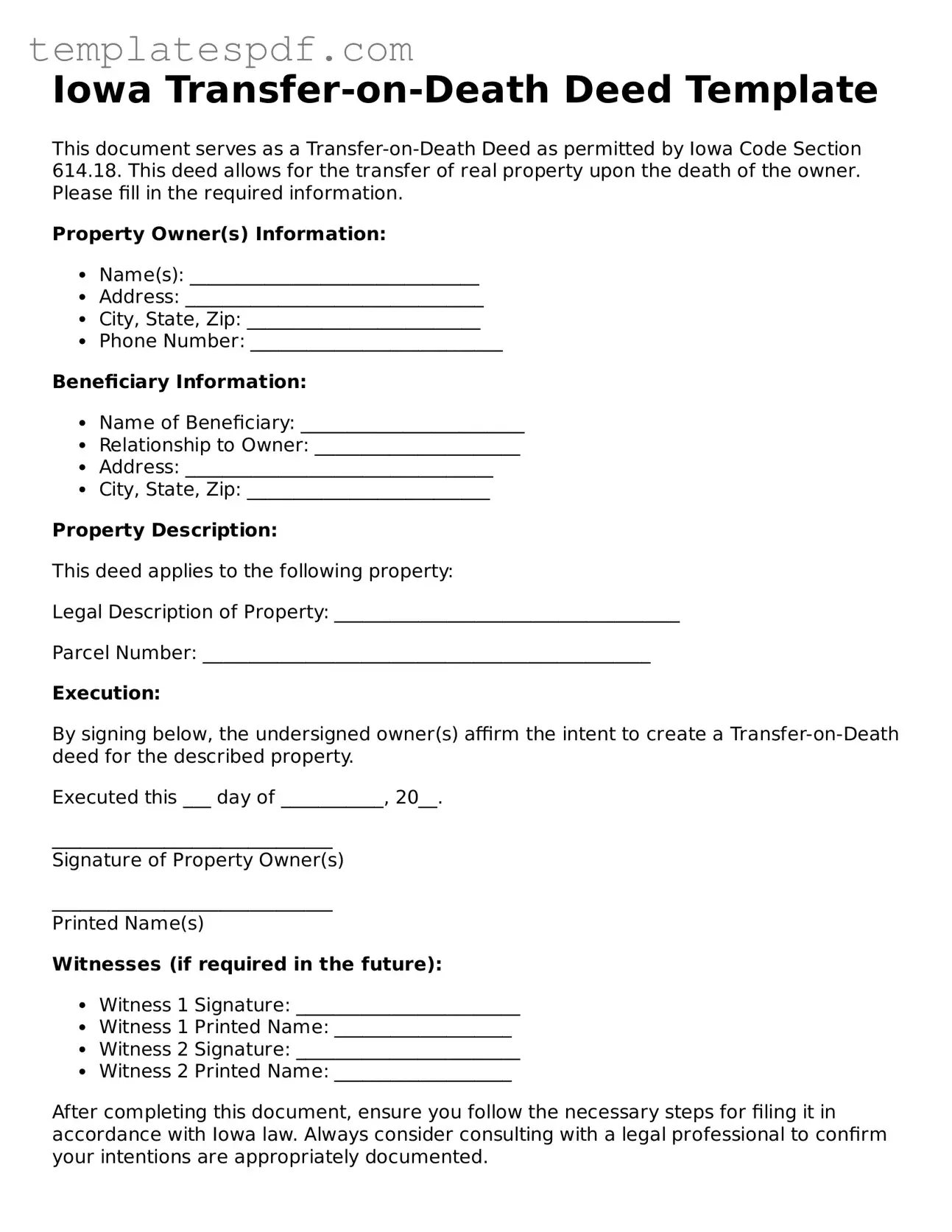 Official  Transfer-on-Death Deed Form for Iowa