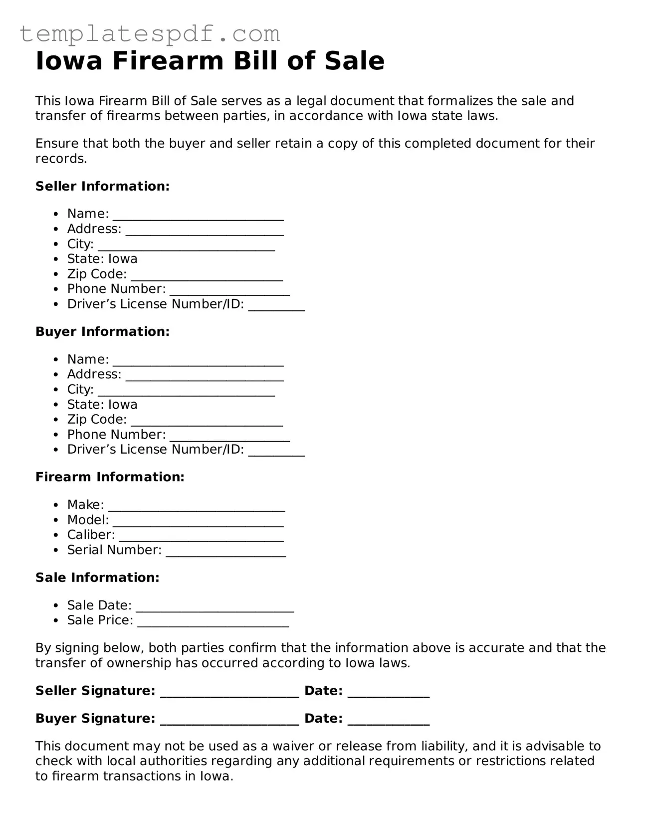 Official  Firearm Bill of Sale Form for Iowa