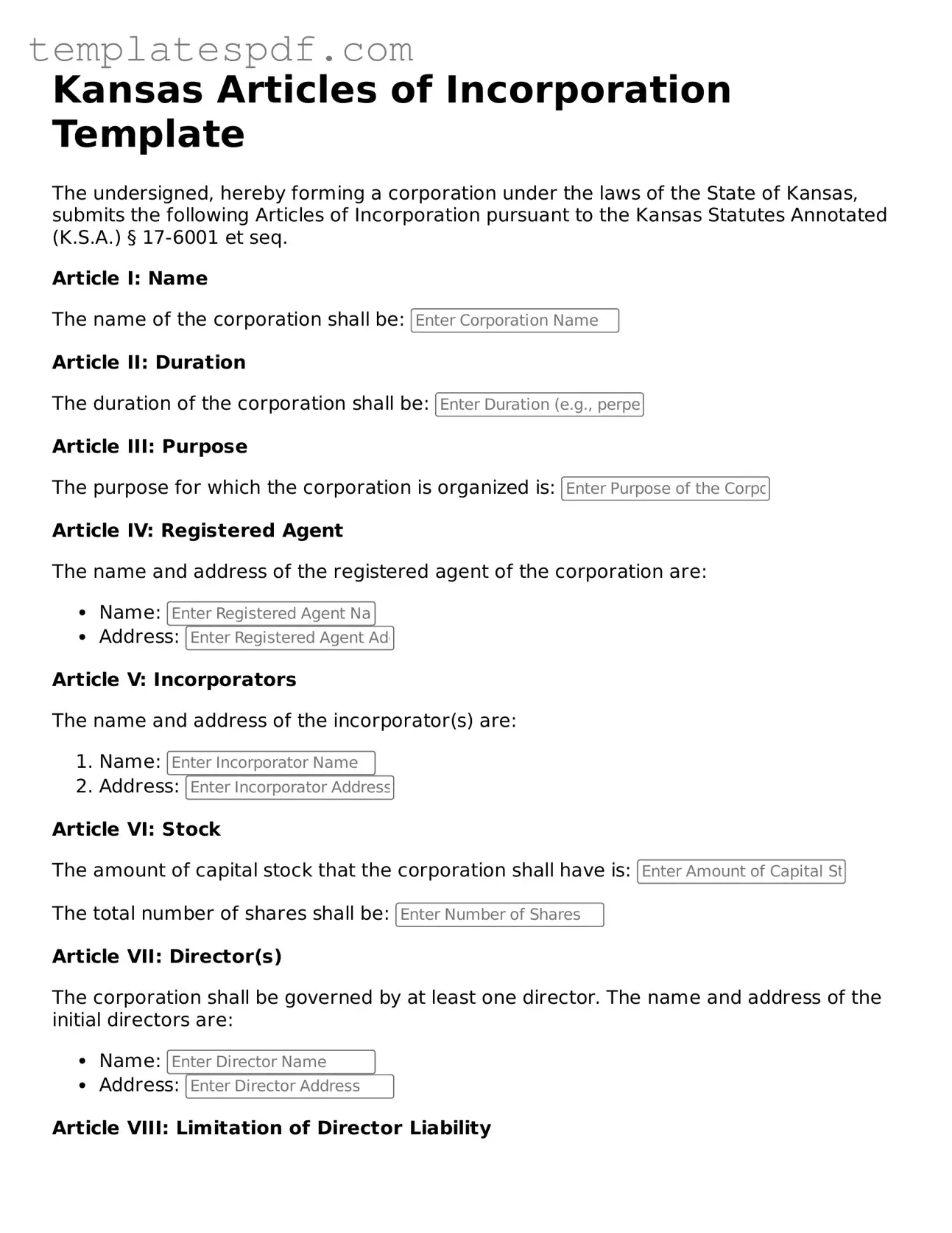 Official  Articles of Incorporation Form for Kansas