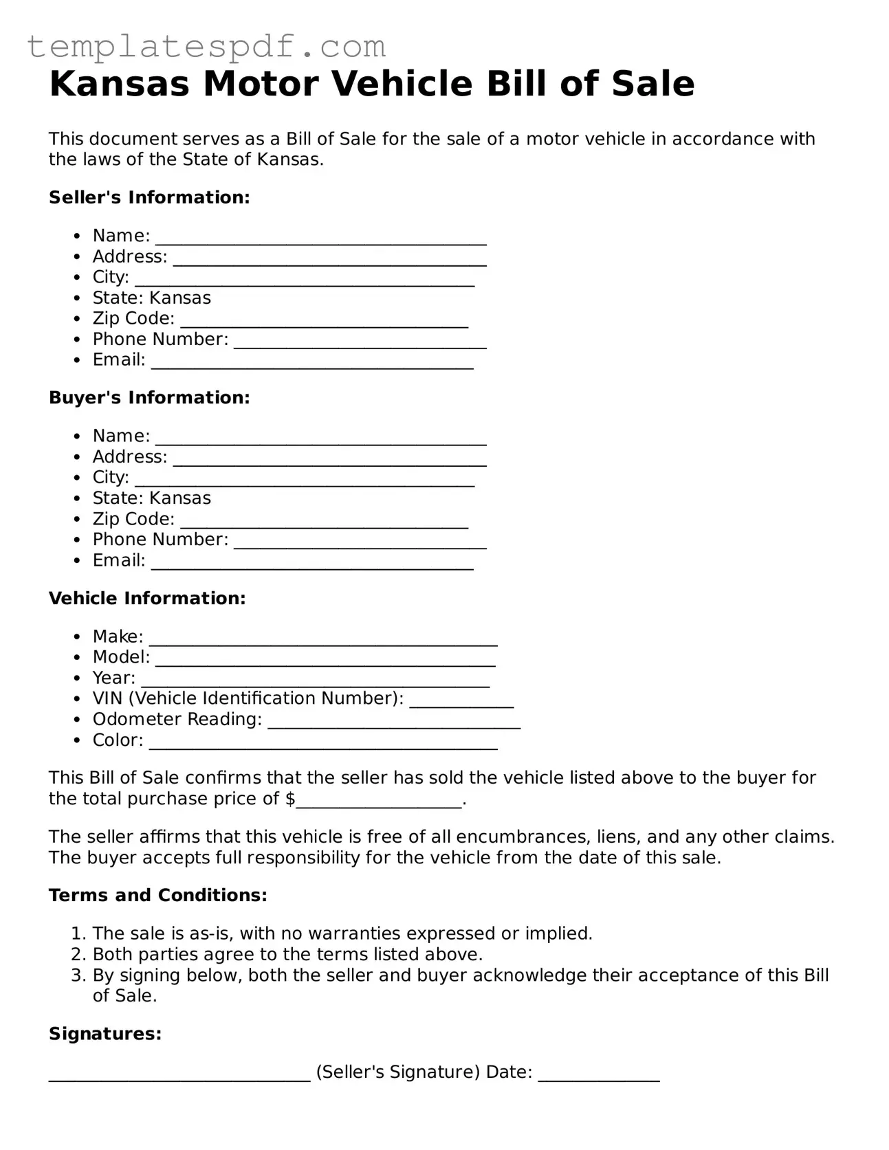 Official  Motor Vehicle Bill of Sale Form for Kansas