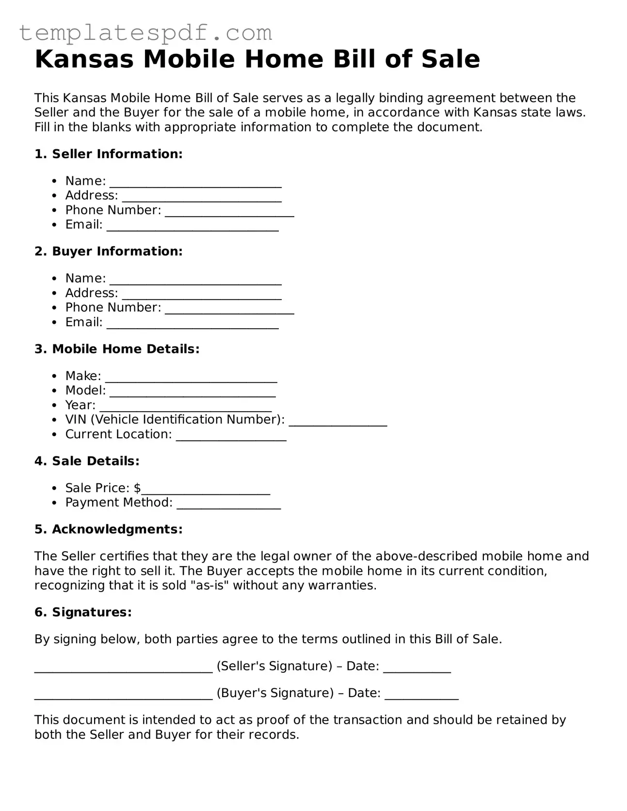 Official  Mobile Home Bill of Sale Form for Kansas