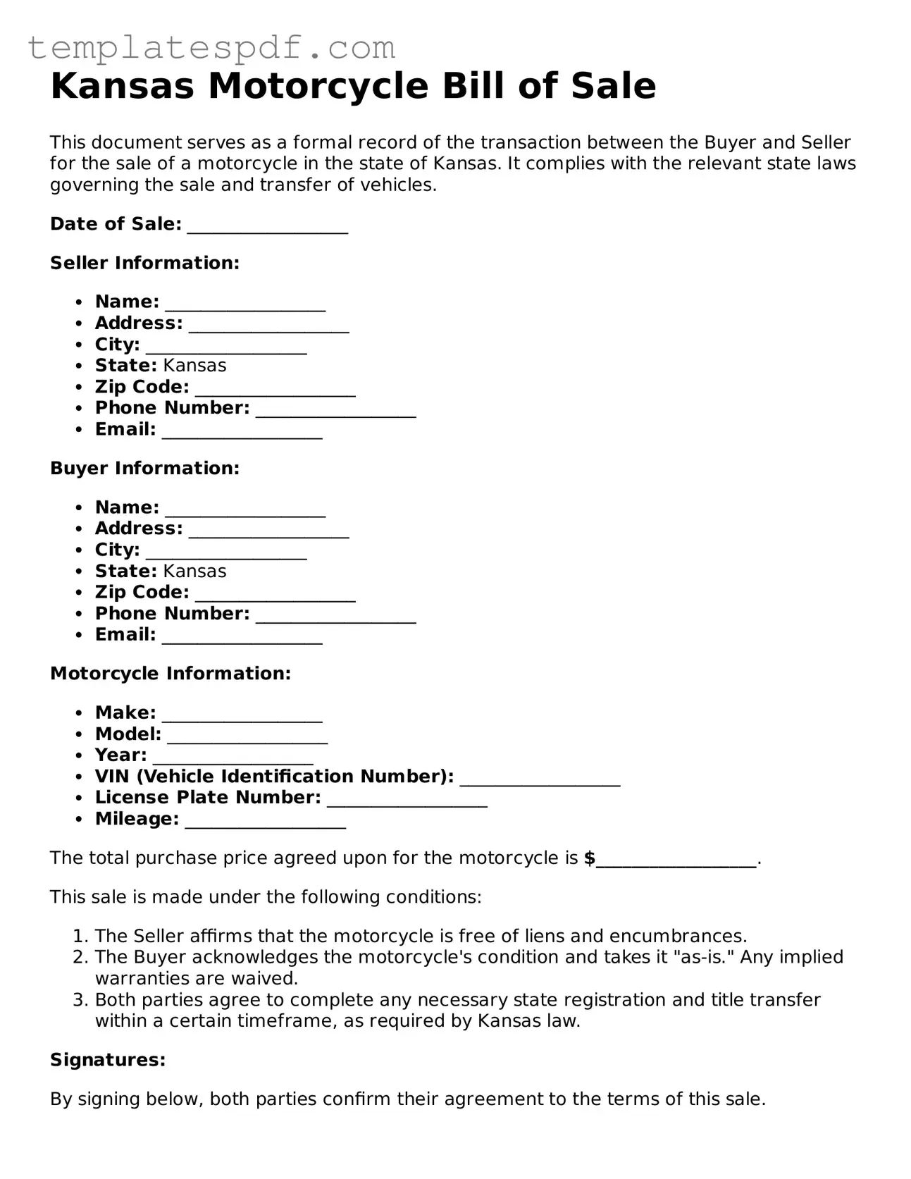 Official  Motorcycle Bill of Sale Form for Kansas