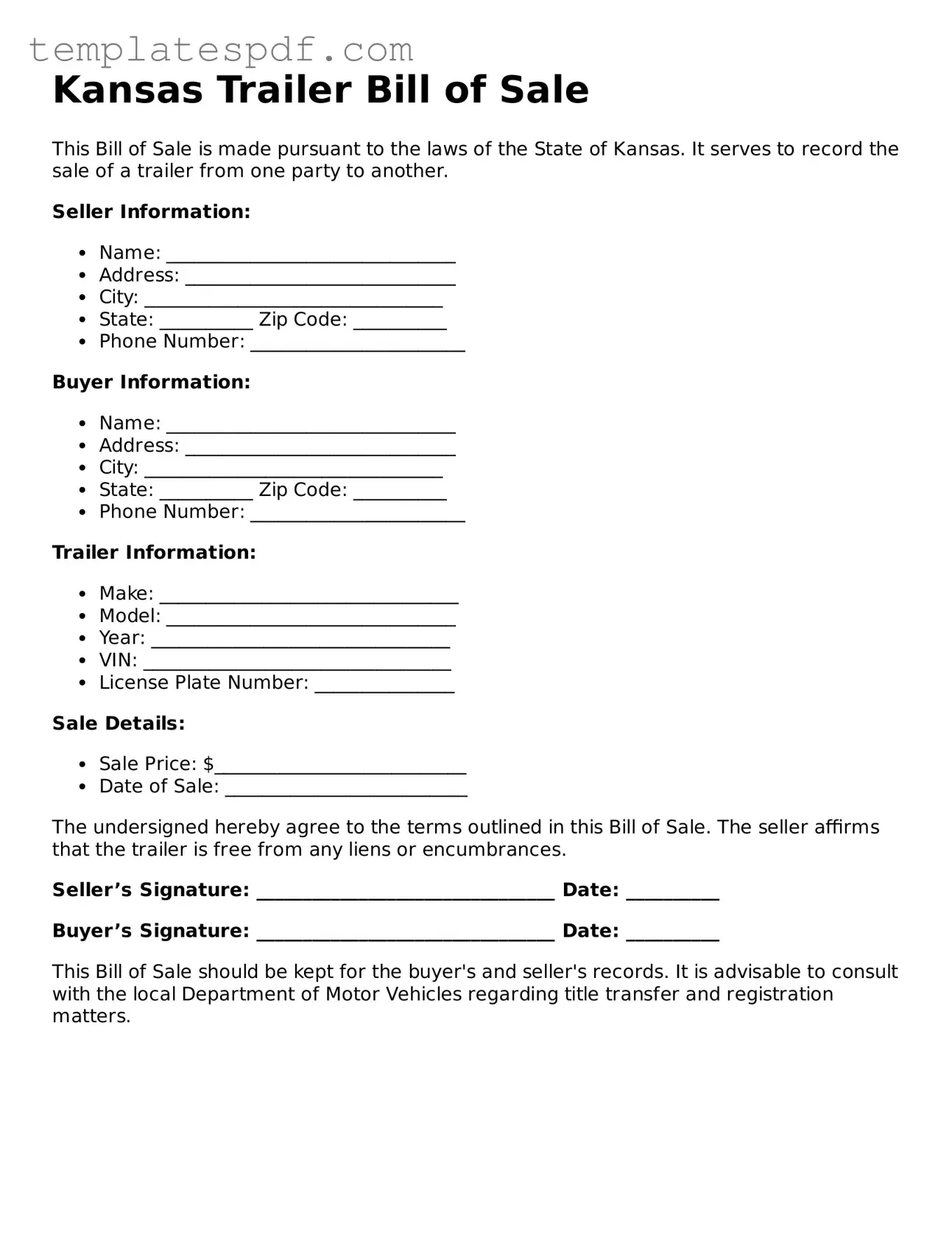 Official  Trailer Bill of Sale Form for Kansas