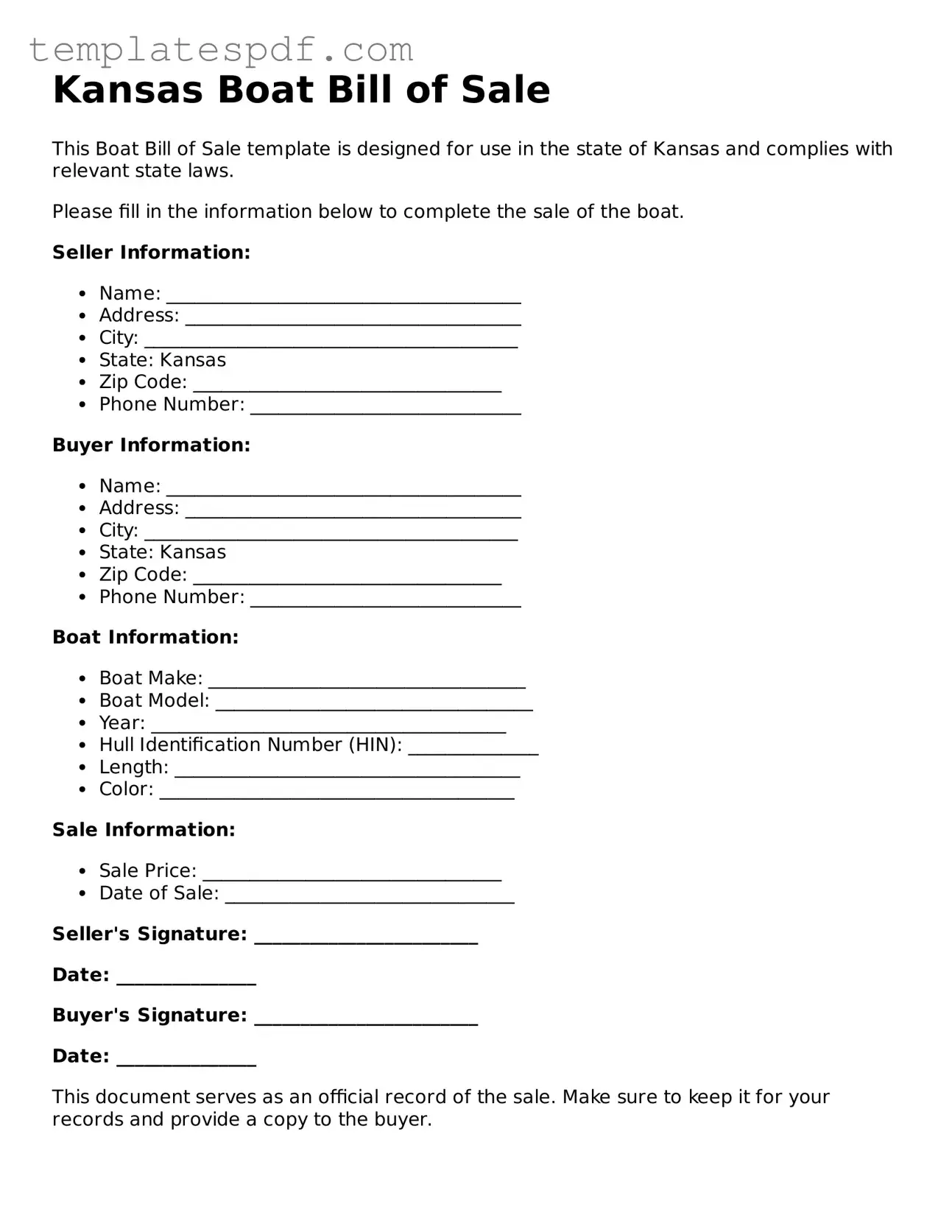Official  Boat Bill of Sale Form for Kansas