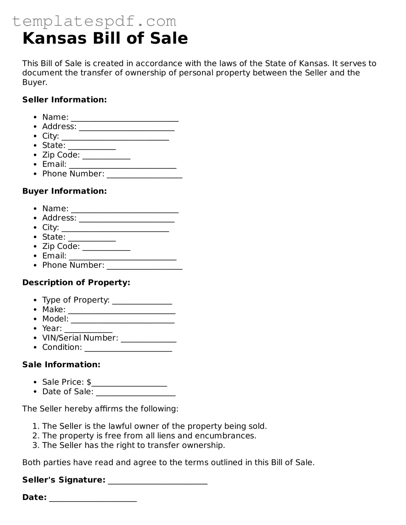 Official  Bill of Sale Form for Kansas