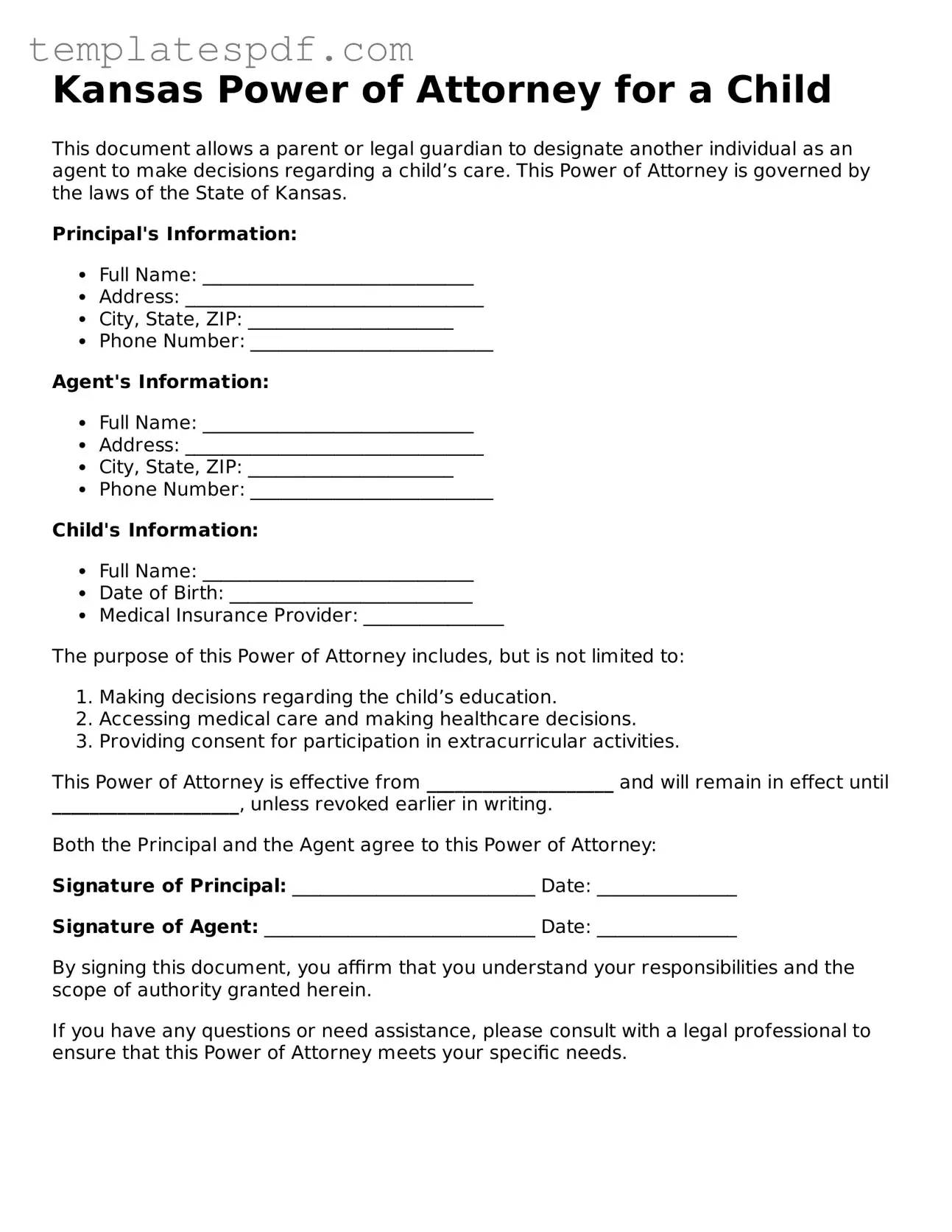 Official  Power of Attorney for a Child Form for Kansas