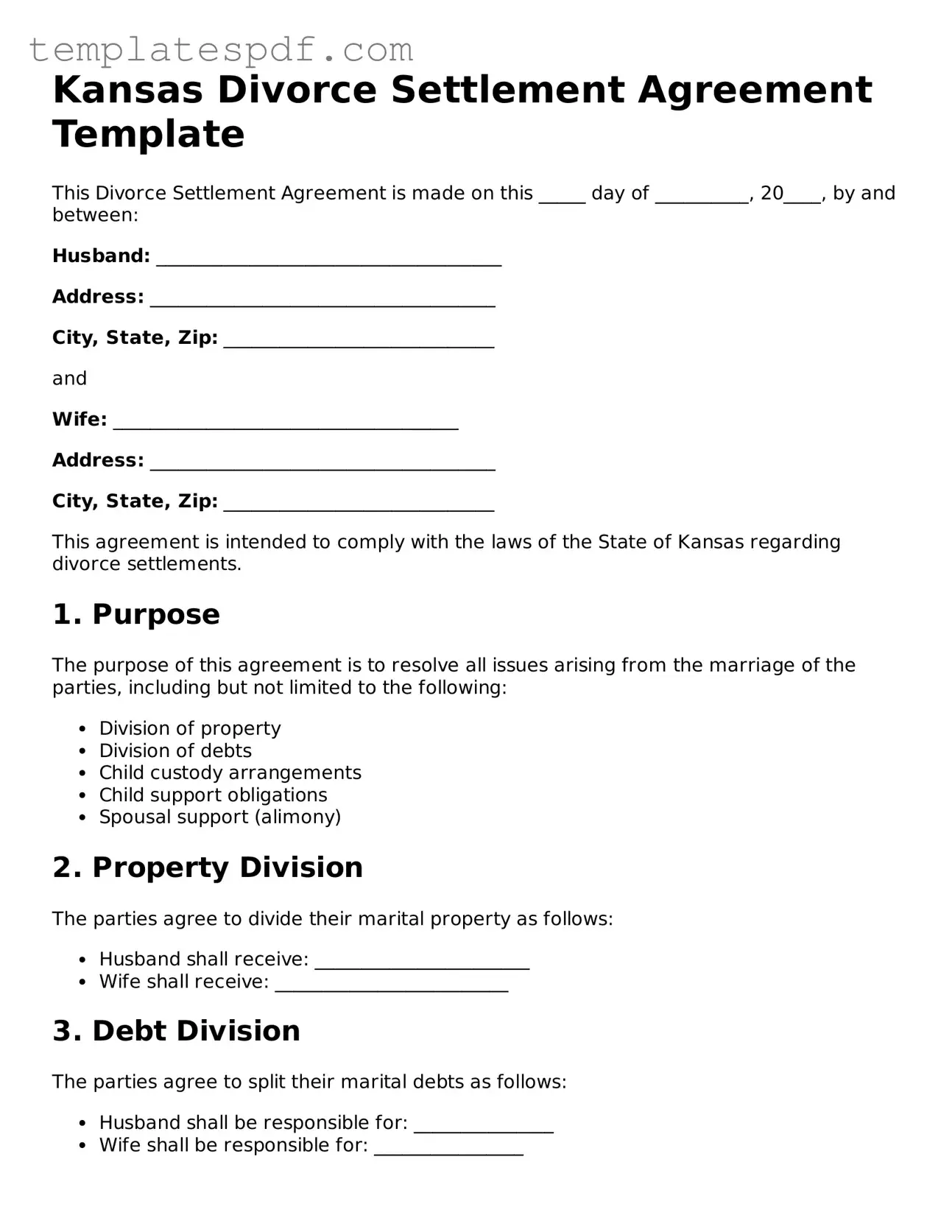 Official  Divorce Settlement Agreement Form for Kansas