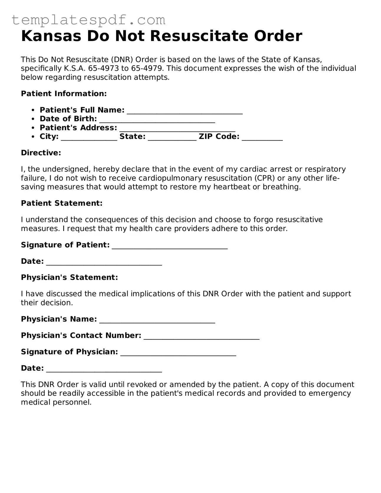 Official  Do Not Resuscitate Order Form for Kansas