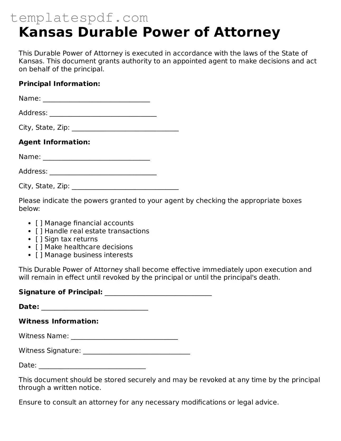 Official  Durable Power of Attorney Form for Kansas
