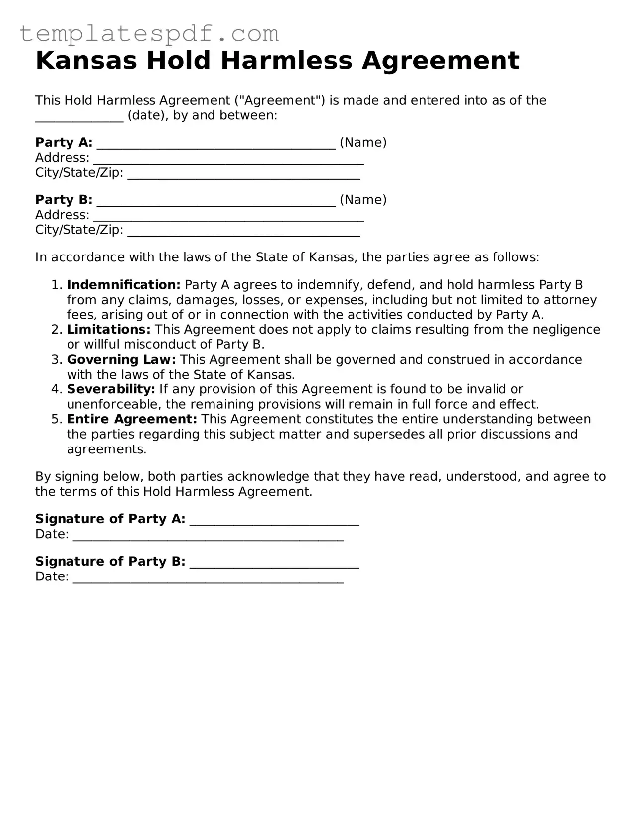 Official  Hold Harmless Agreement Form for Kansas