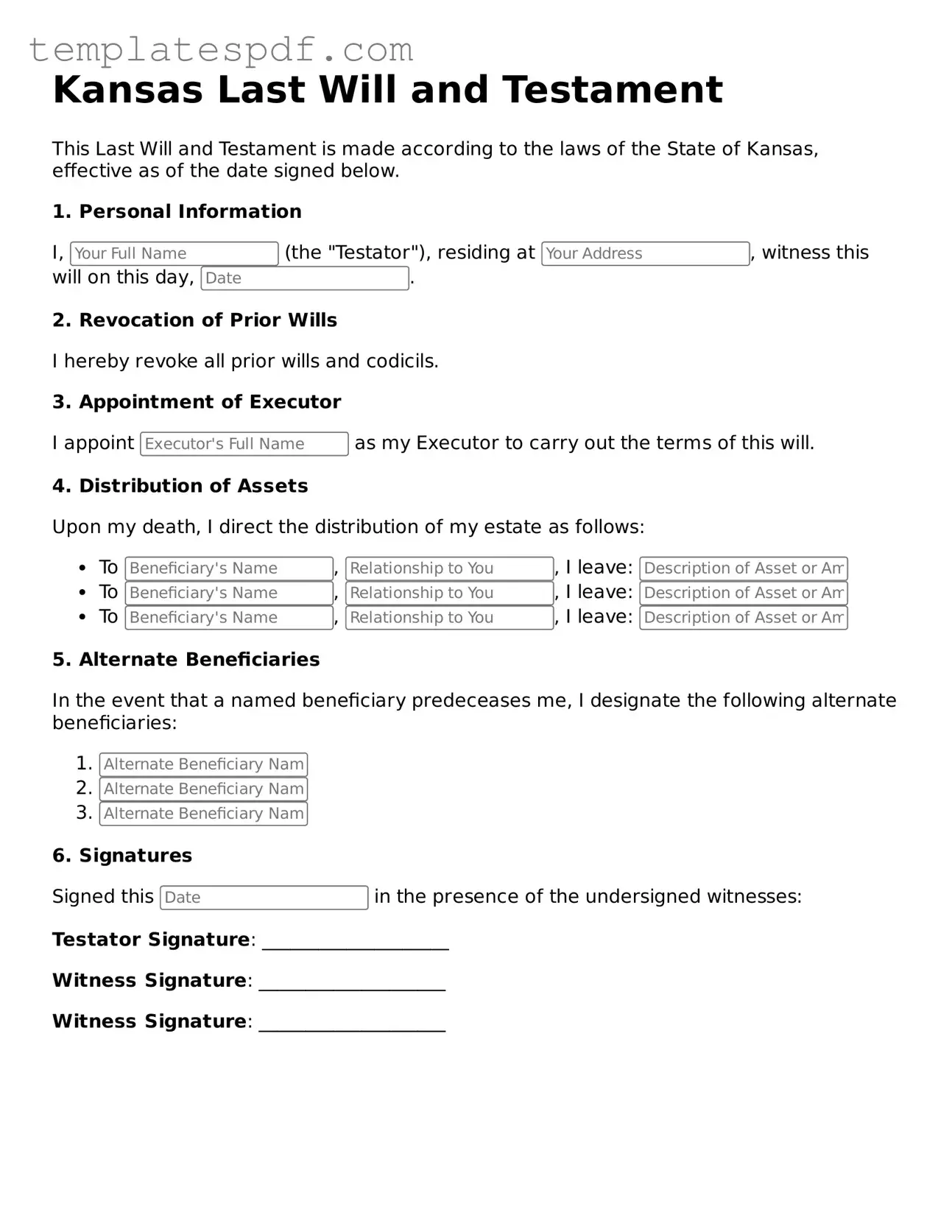 Official  Last Will and Testament Form for Kansas