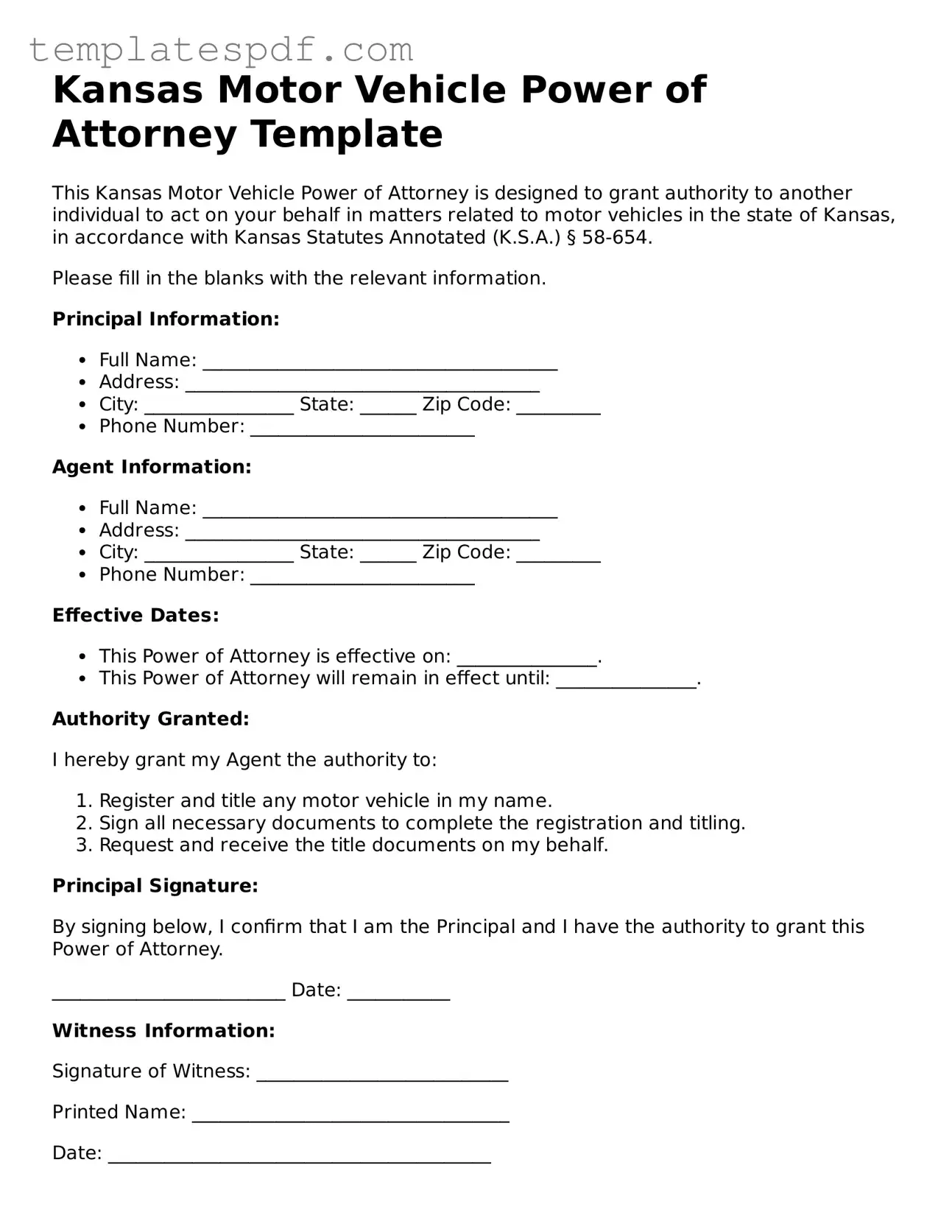 Official  Motor Vehicle Power of Attorney Form for Kansas