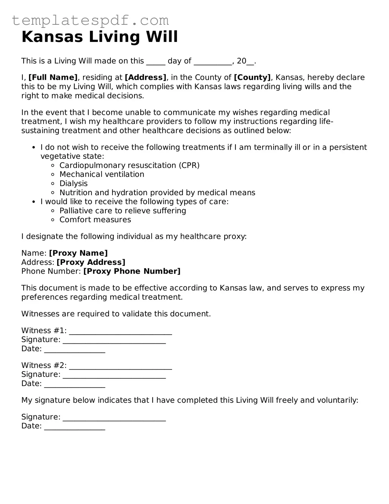 Official  Living Will Form for Kansas