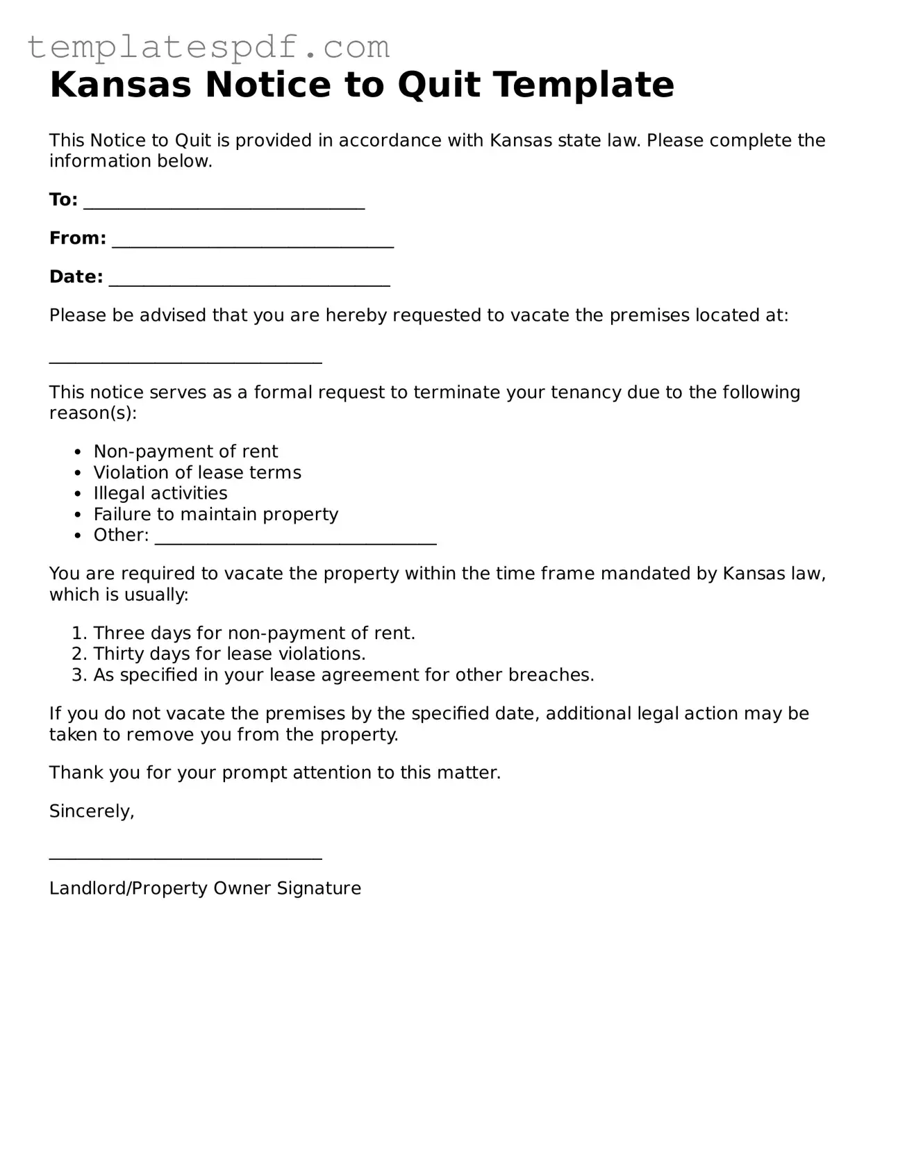 Official  Notice to Quit Form for Kansas