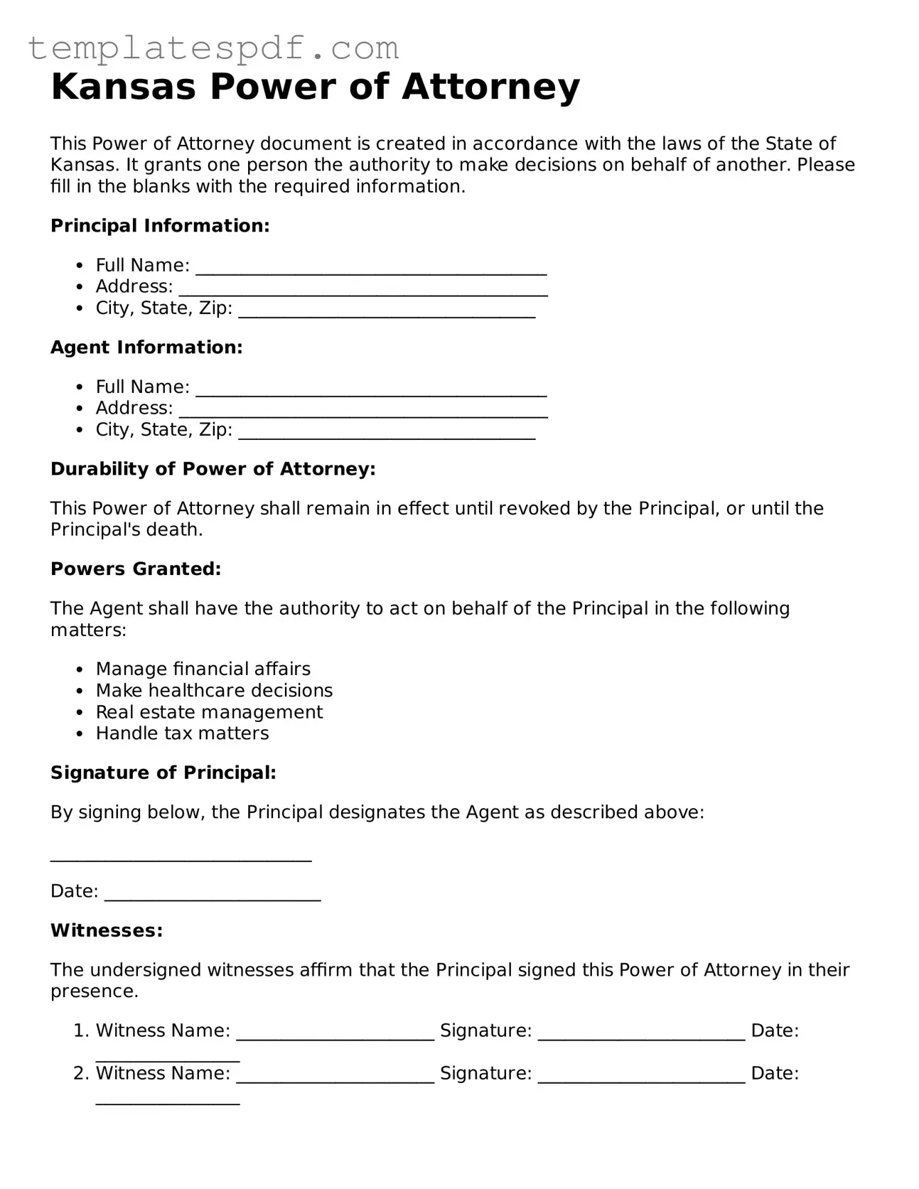 Official  Power of Attorney Form for Kansas