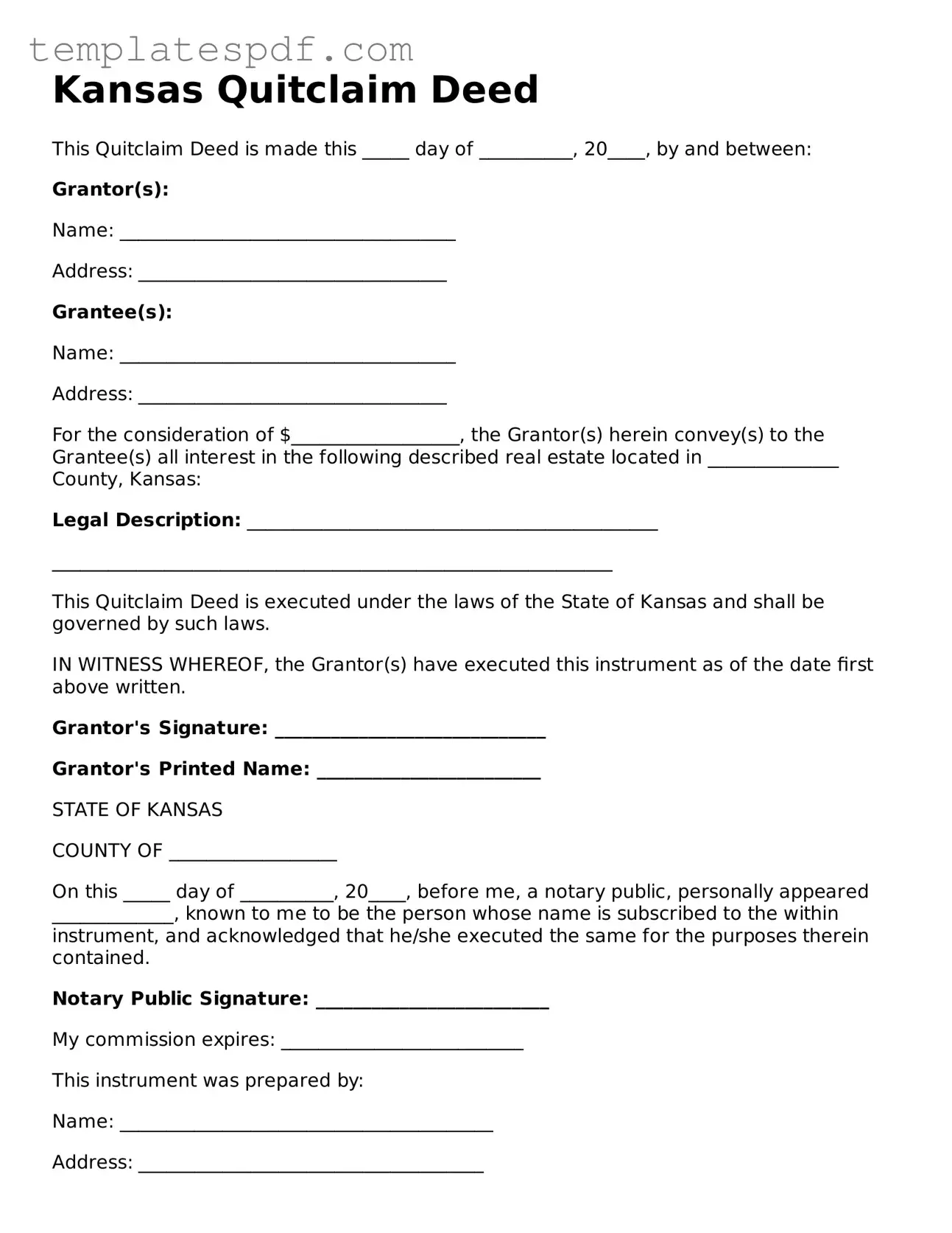 Official  Quitclaim Deed Form for Kansas