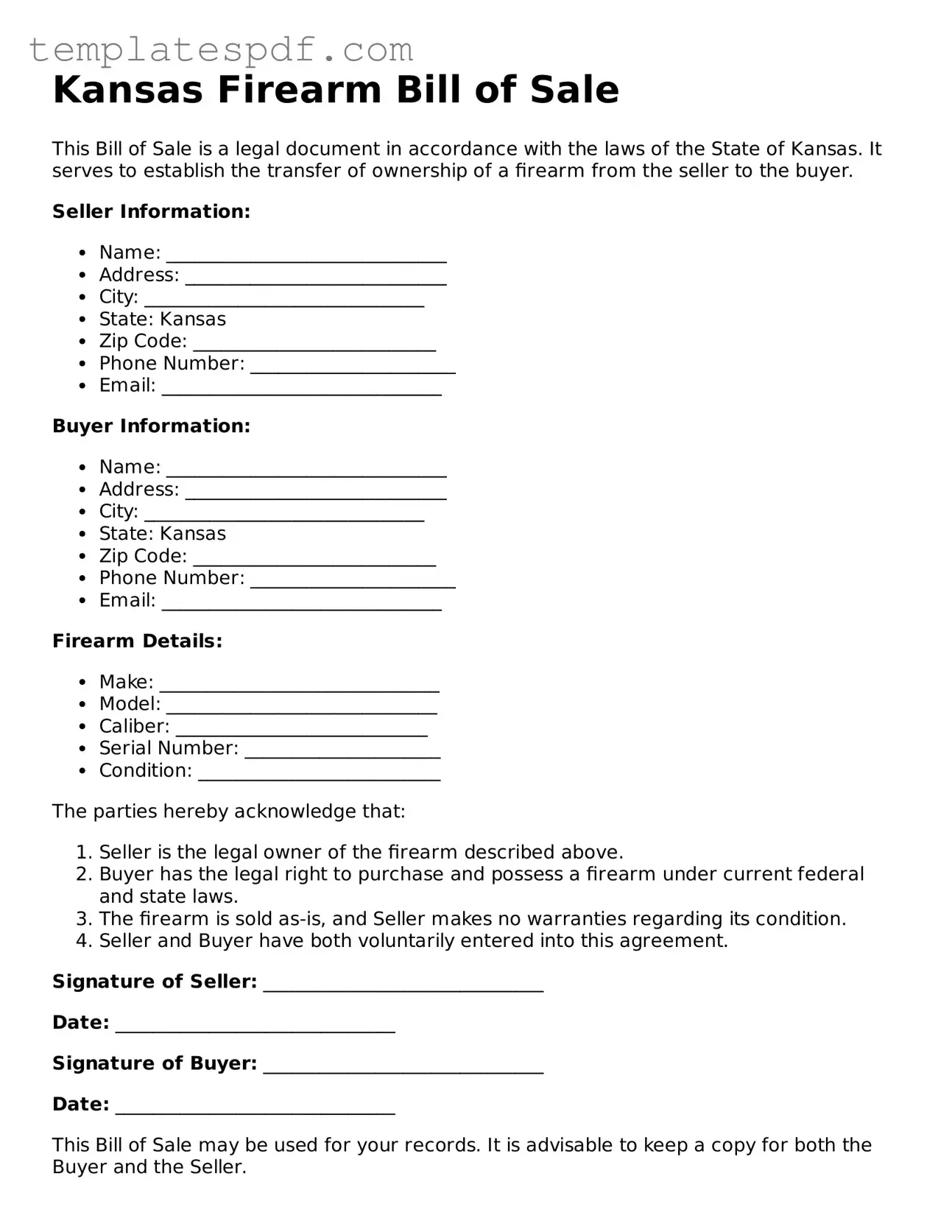 Official  Firearm Bill of Sale Form for Kansas
