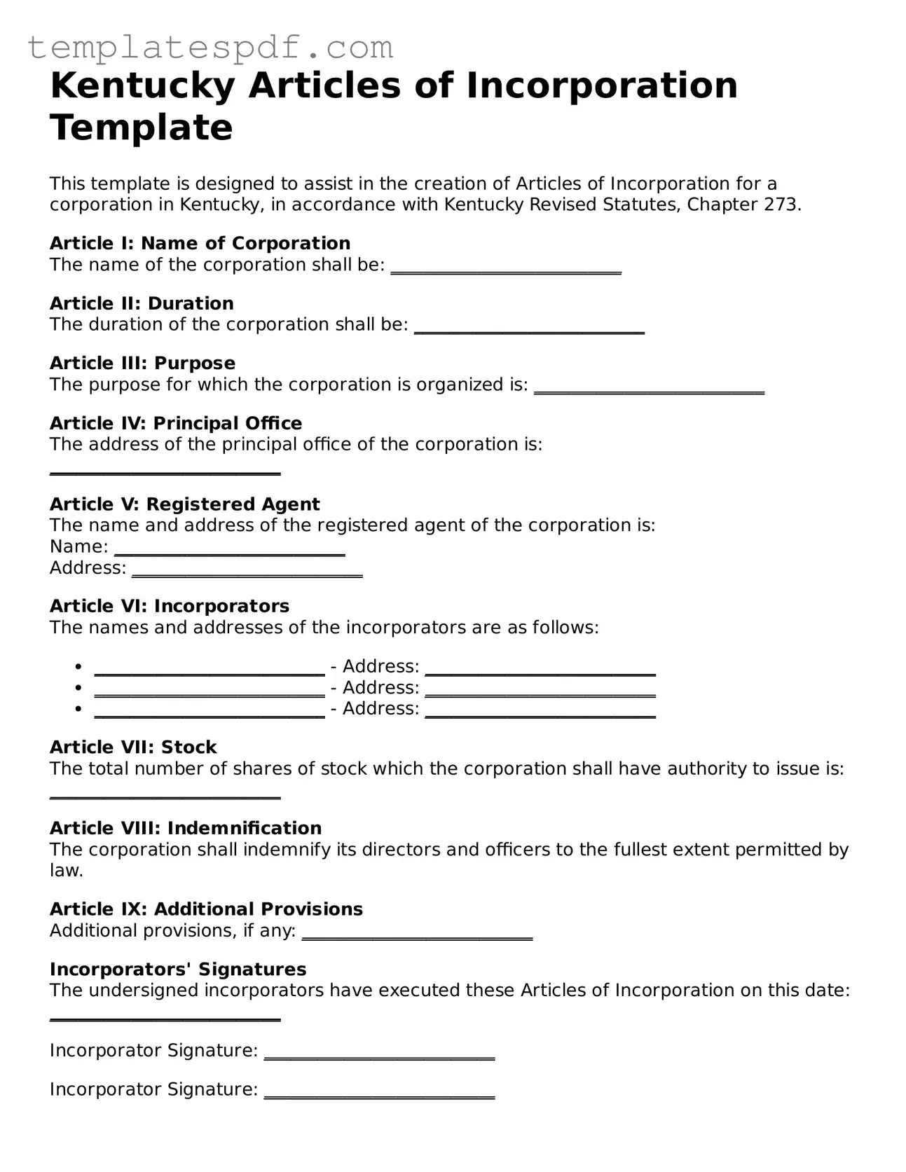 Official  Articles of Incorporation Form for Kentucky