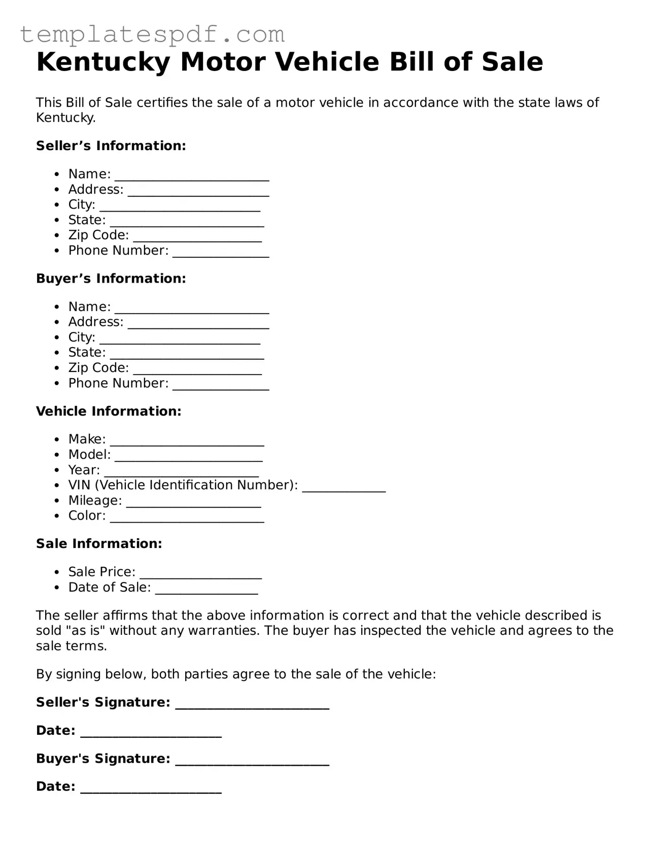 Official  Motor Vehicle Bill of Sale Form for Kentucky