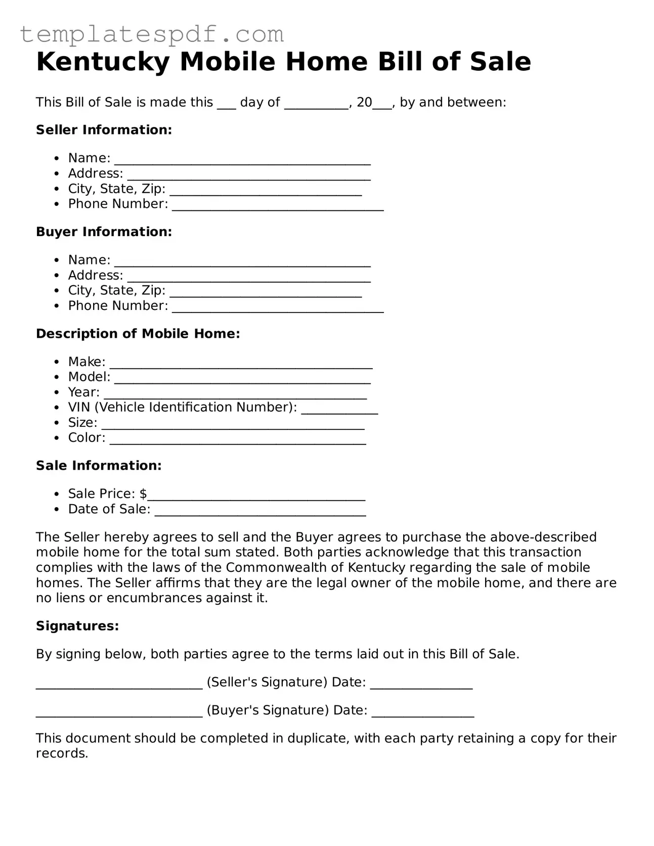 Official  Mobile Home Bill of Sale Form for Kentucky