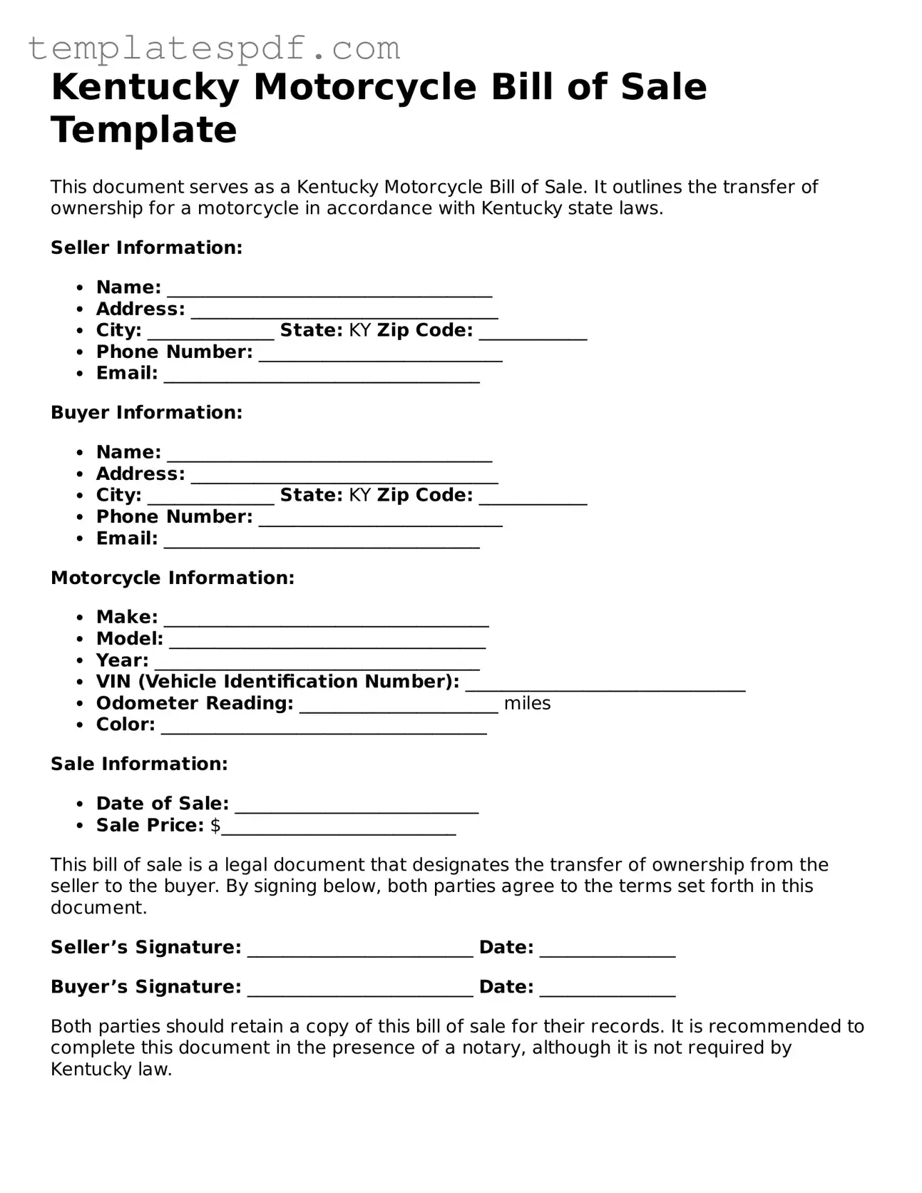 Official  Motorcycle Bill of Sale Form for Kentucky