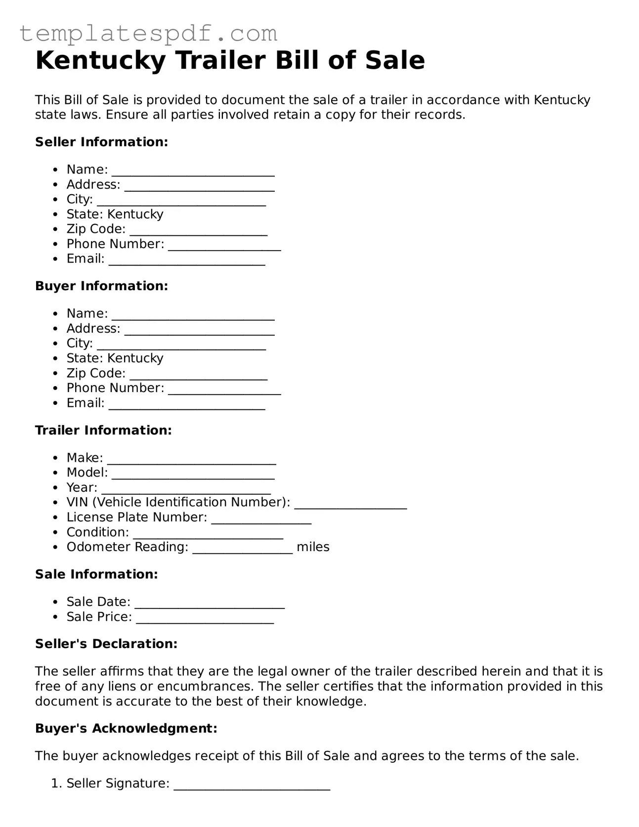 Official  Trailer Bill of Sale Form for Kentucky