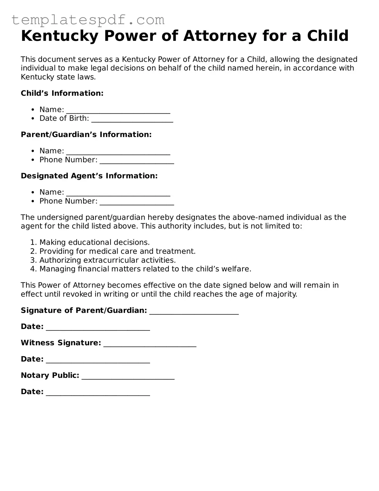 Official  Power of Attorney for a Child Form for Kentucky