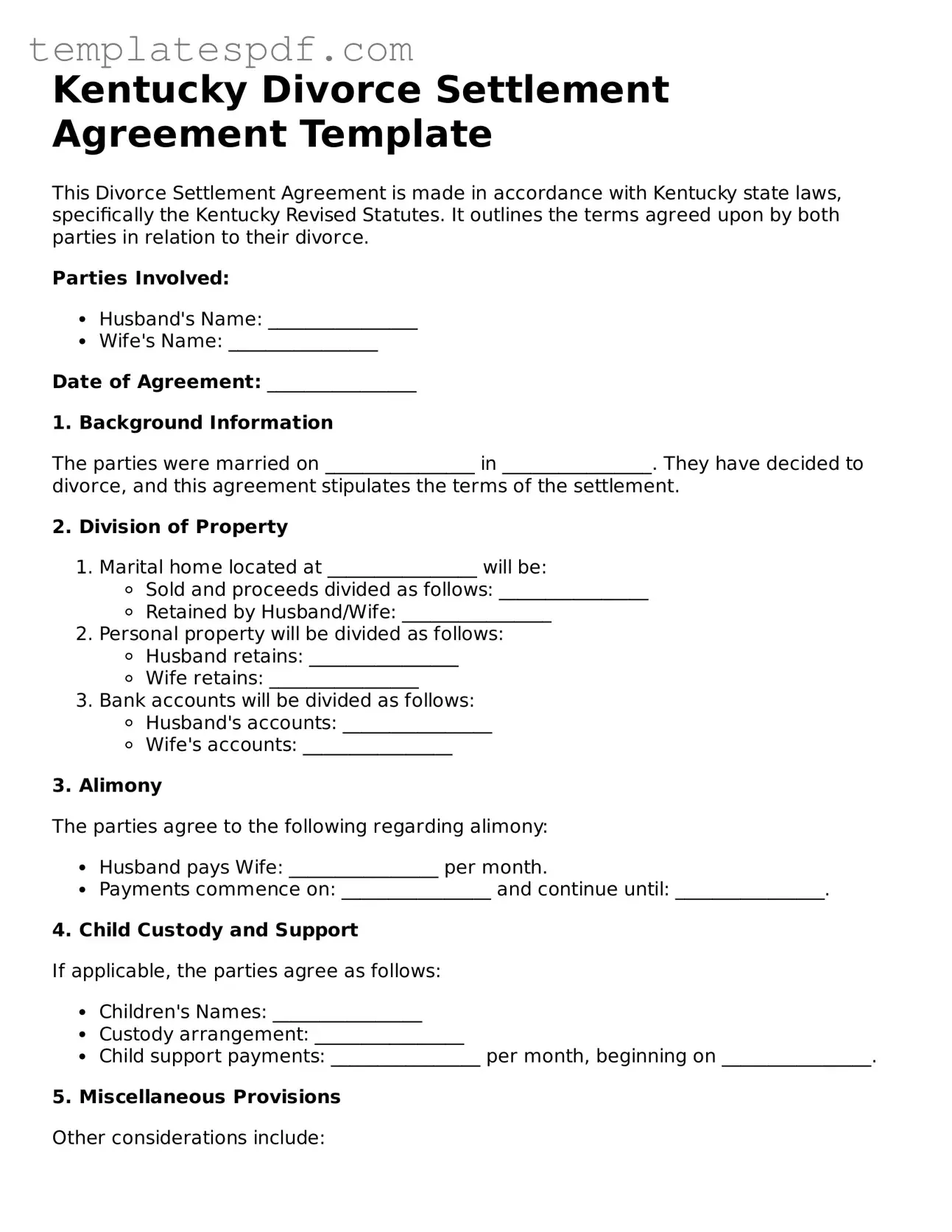 Official  Divorce Settlement Agreement Form for Kentucky