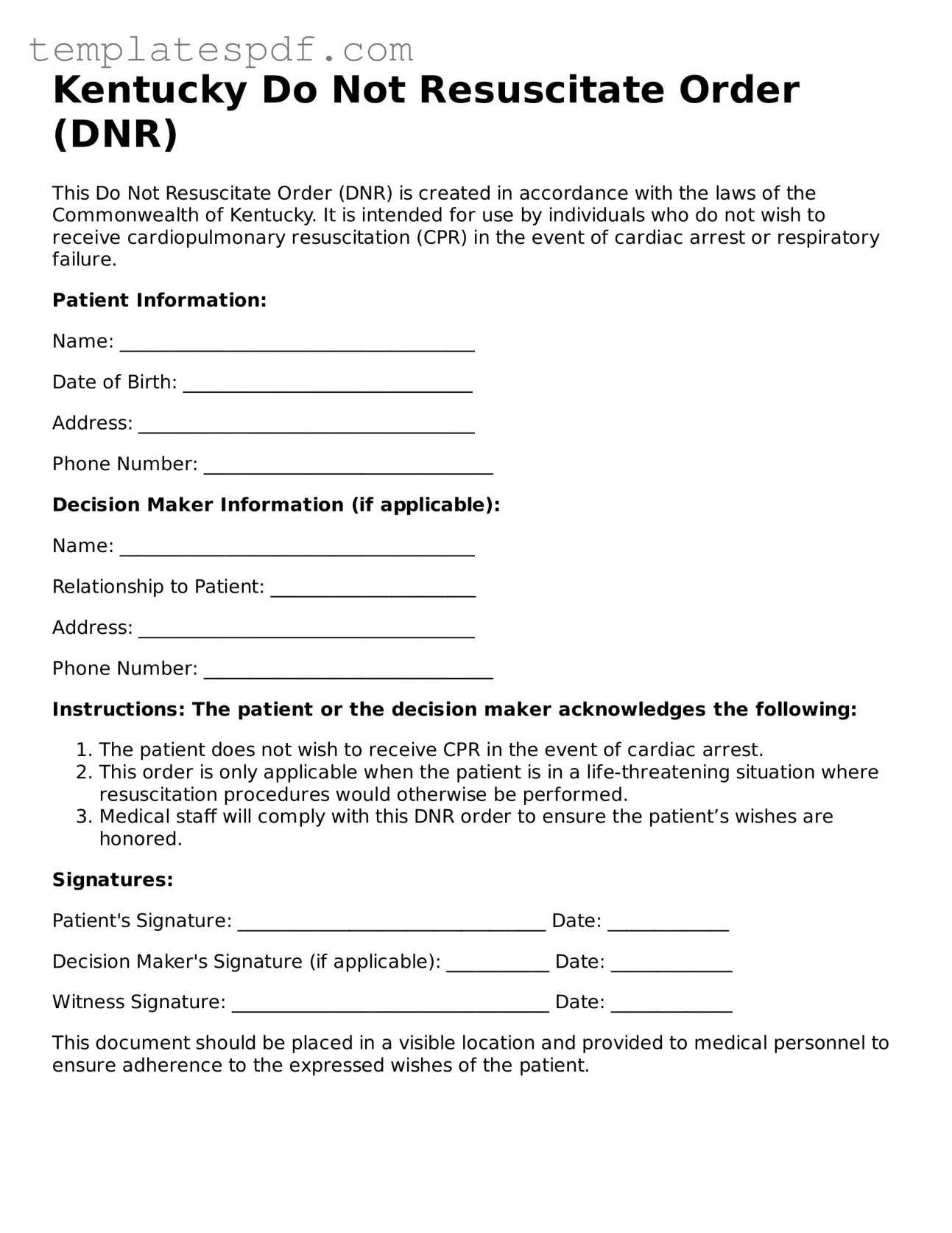 Official  Do Not Resuscitate Order Form for Kentucky