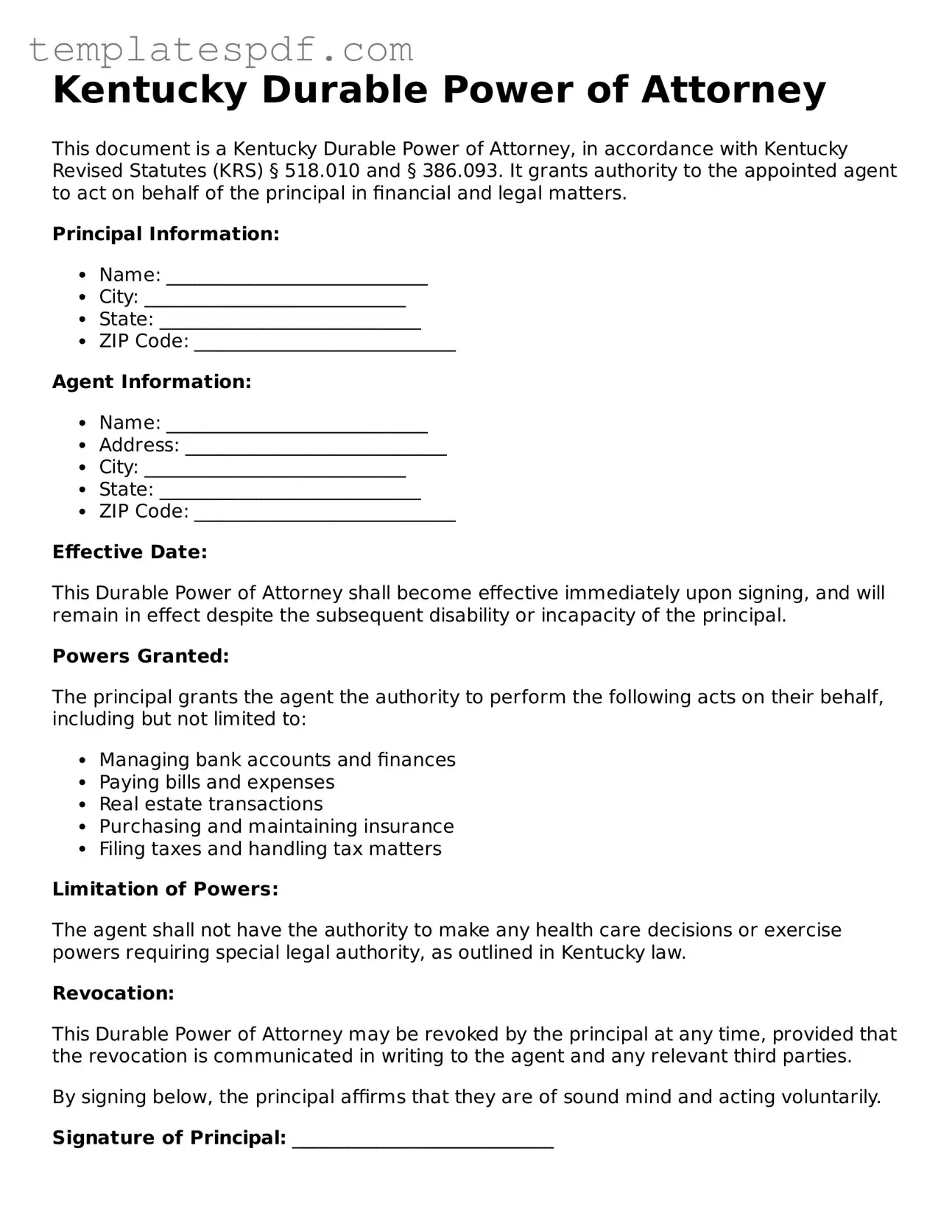 Official  Durable Power of Attorney Form for Kentucky