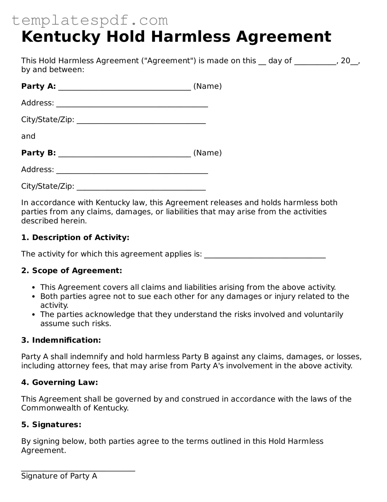 Official  Hold Harmless Agreement Form for Kentucky