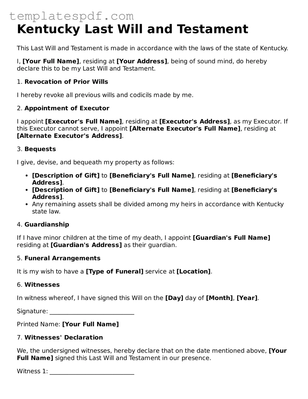 Official  Last Will and Testament Form for Kentucky