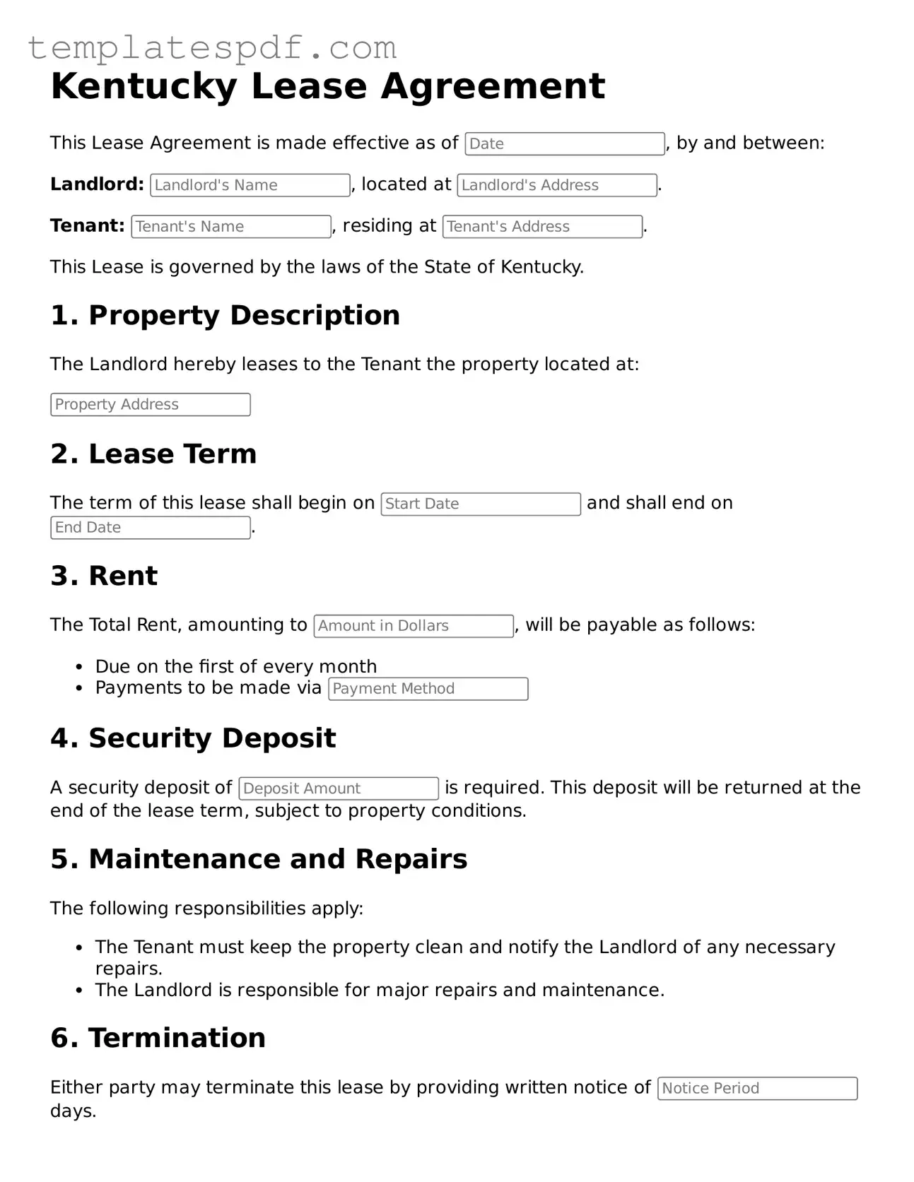 Official  Lease Agreement Form for Kentucky
