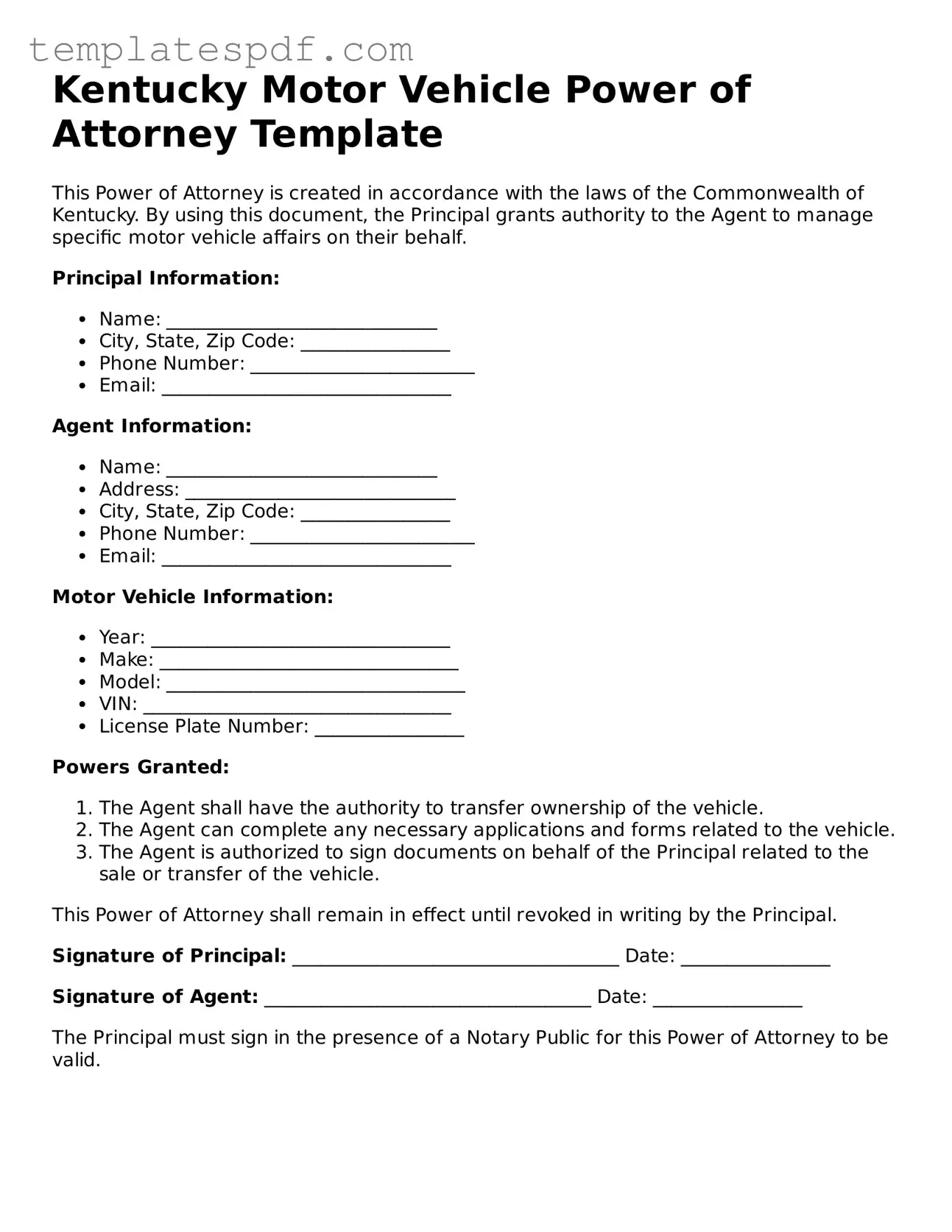 Official  Motor Vehicle Power of Attorney Form for Kentucky
