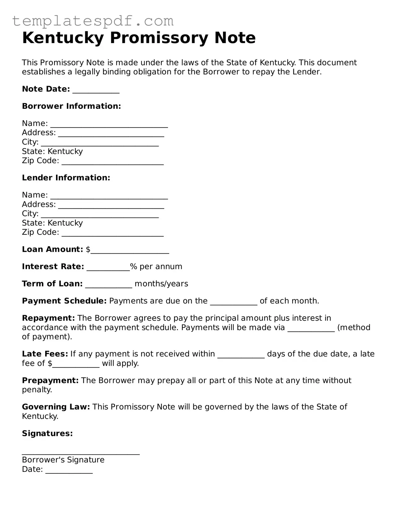 Official  Promissory Note Form for Kentucky