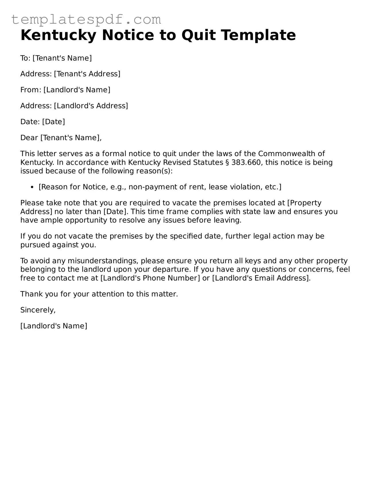 Official  Notice to Quit Form for Kentucky