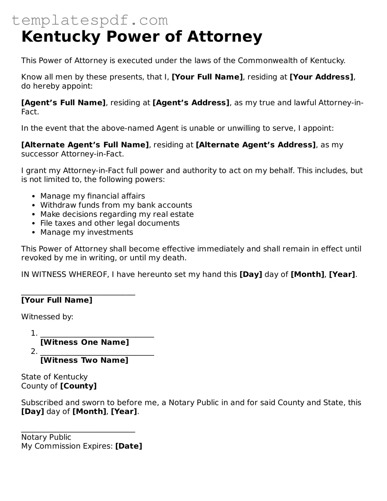 Official  Power of Attorney Form for Kentucky