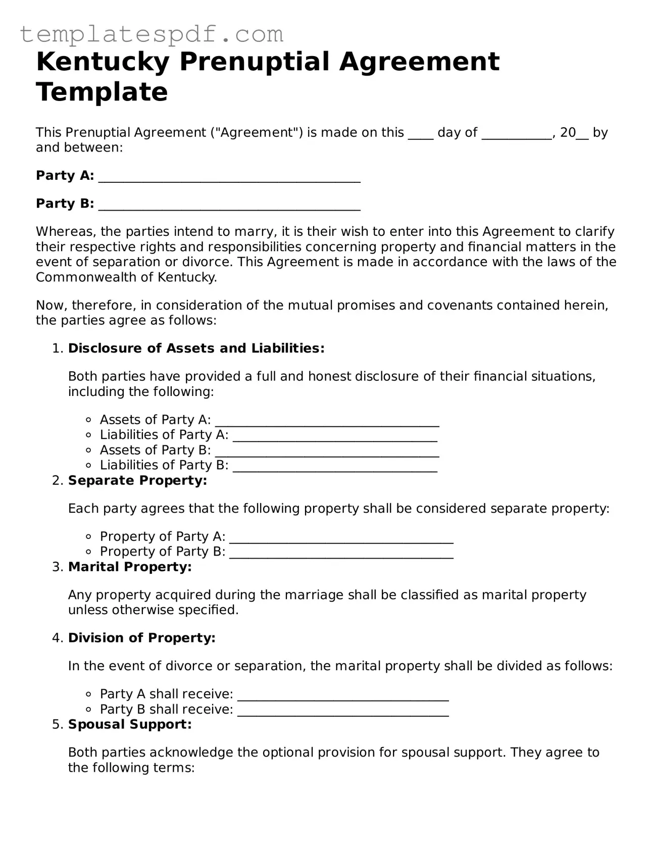 Official  Prenuptial Agreement Form for Kentucky
