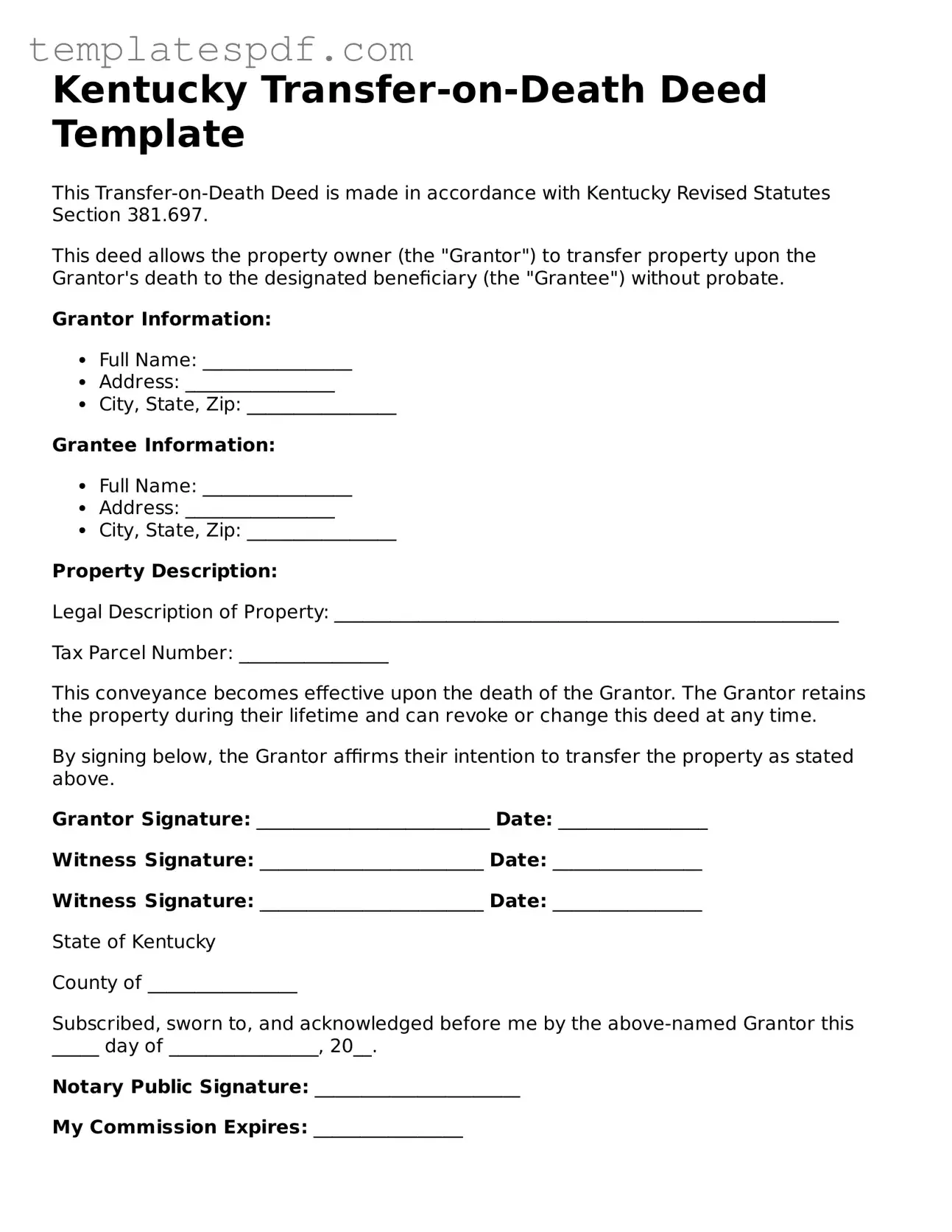 Official  Transfer-on-Death Deed Form for Kentucky
