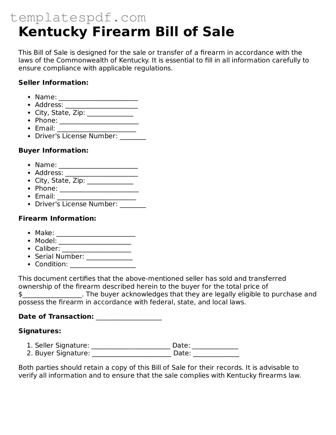 Official  Firearm Bill of Sale Form for Kentucky