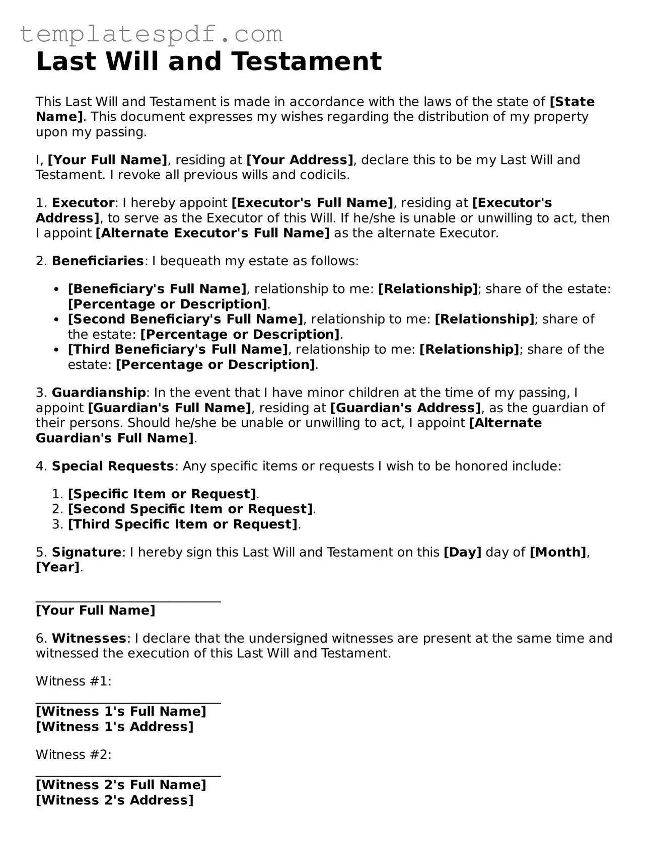 Printable Last Will and Testament Form