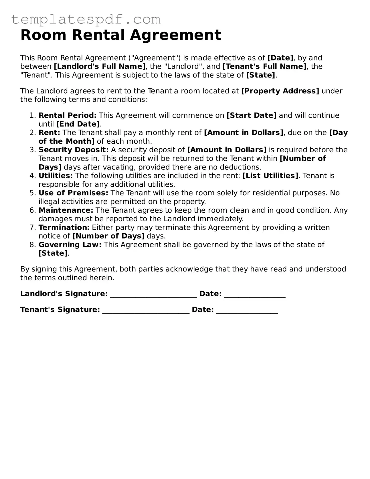 Printable Room Rental Agreement Form